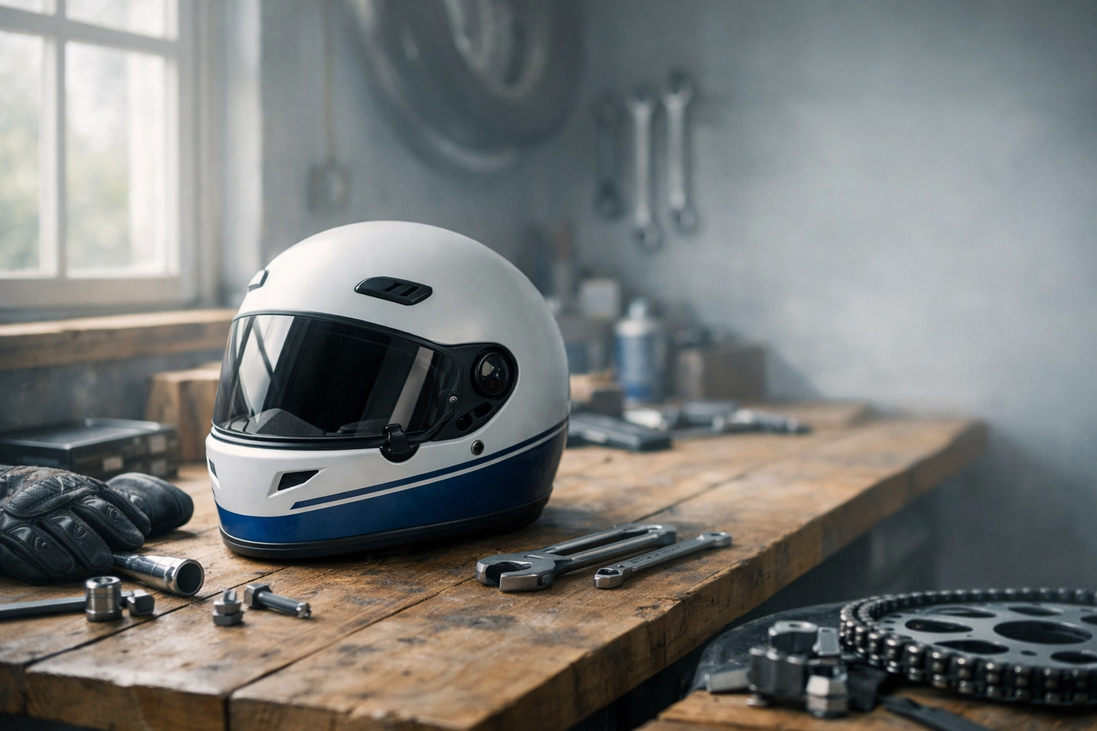 Motorcycle helmet and tools in garage workshop representing the personal side of biker culture