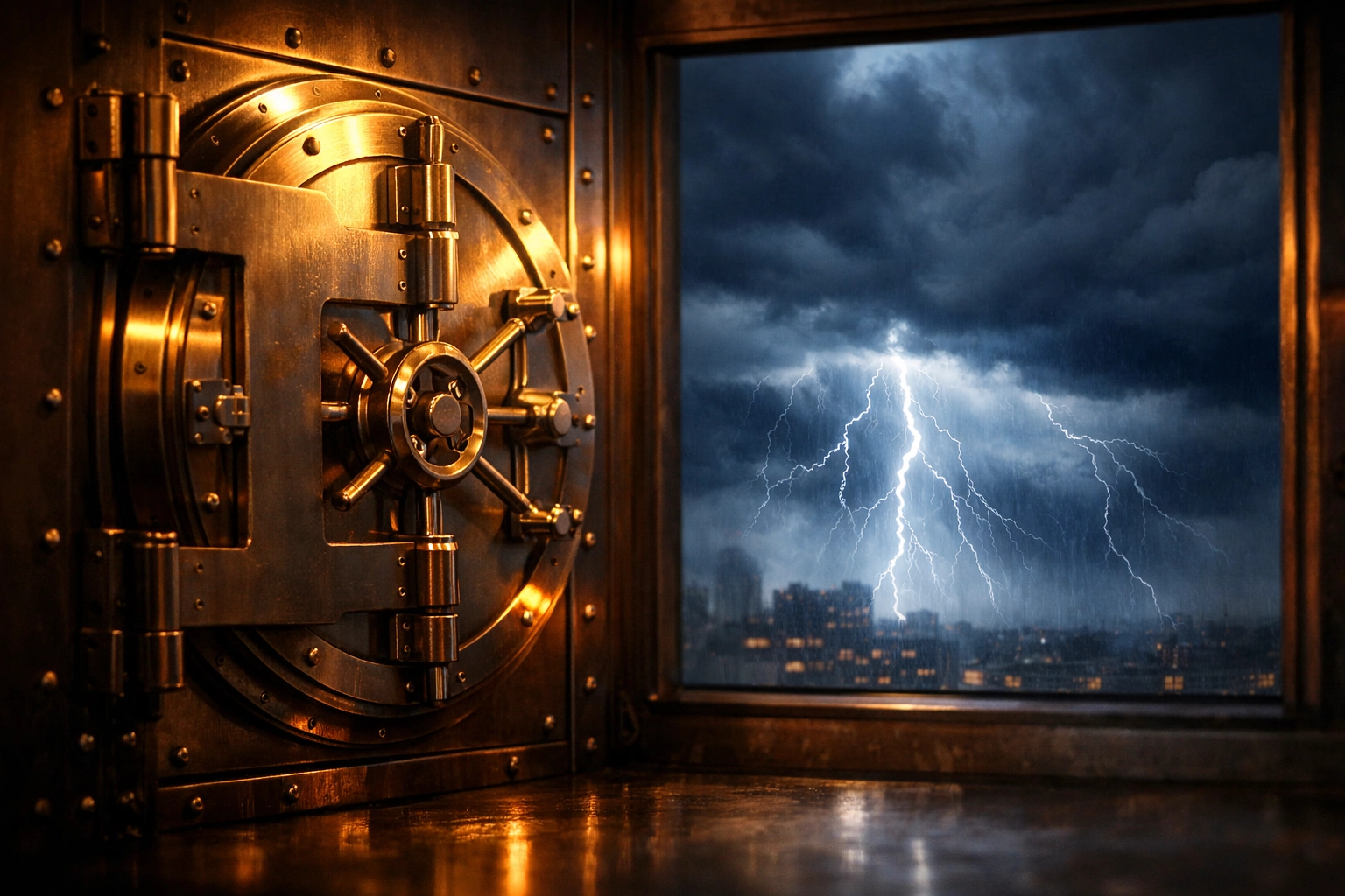 Secure vault protecting assets from market storms representing IUL creditor protection