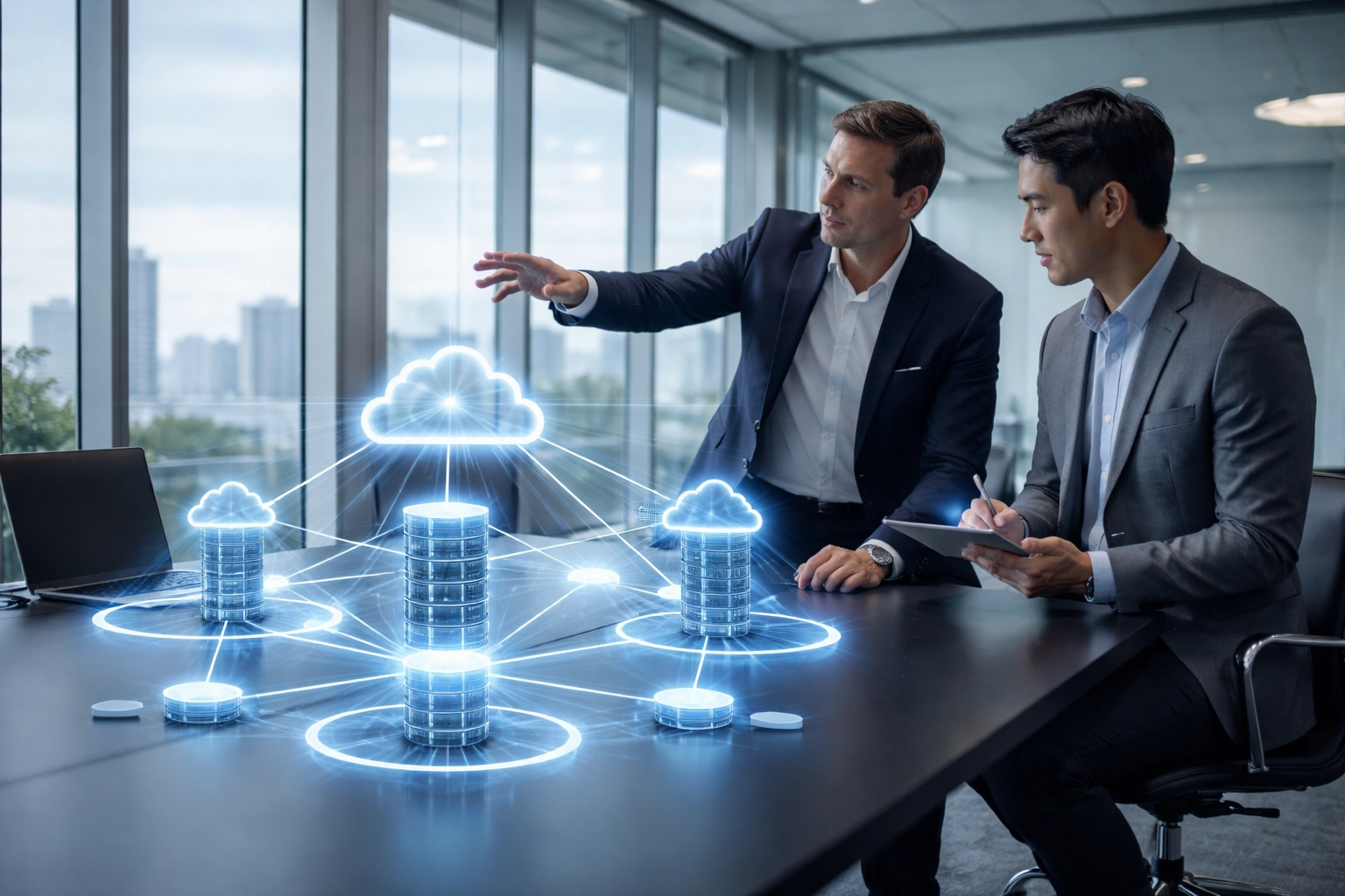 Business experts reviewing cloud server visualizations for effective ServiceNow ITOM and cloud cost optimization strategies.