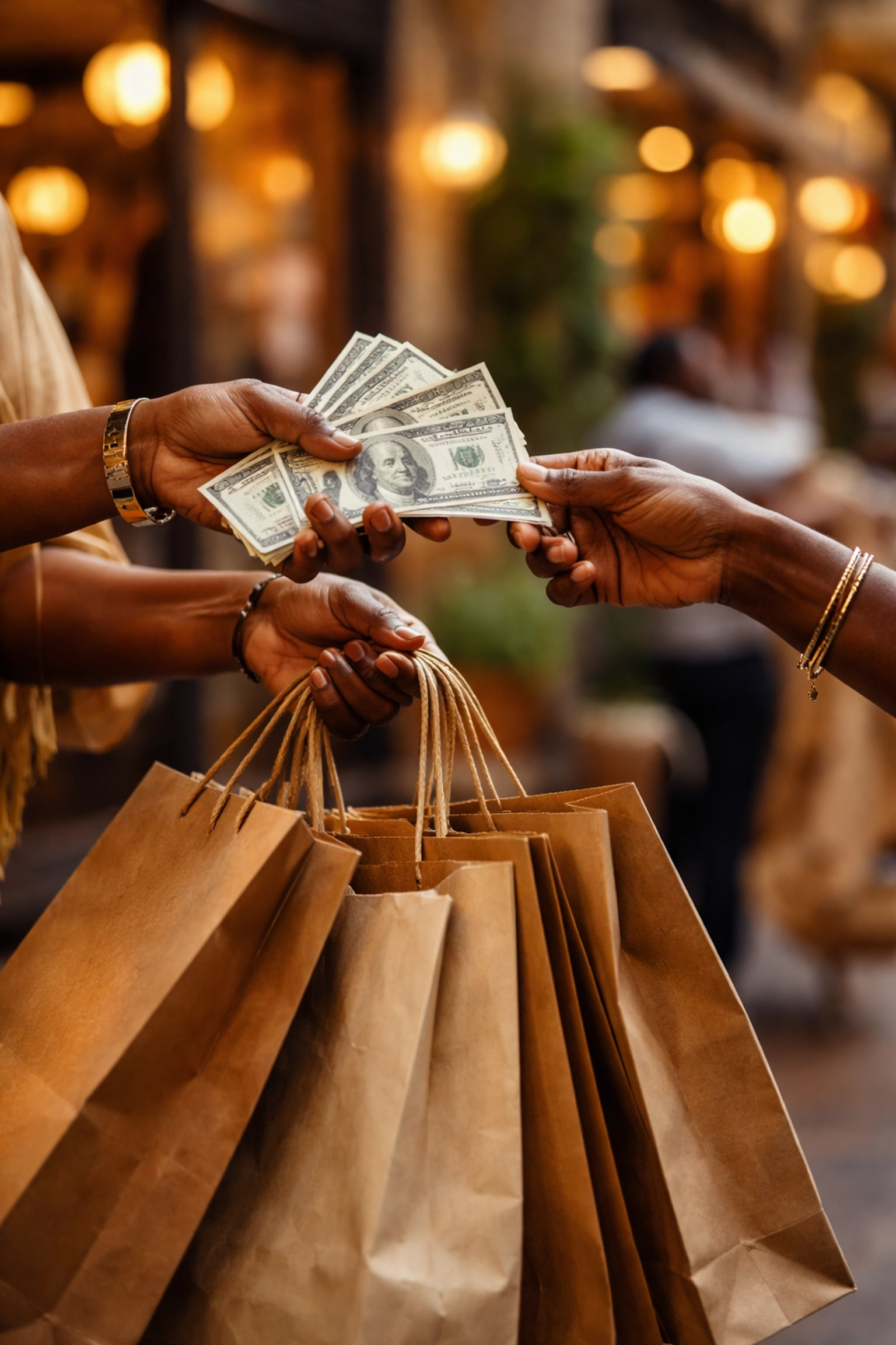 Diverse Black hands exchanging money and shopping bags in a vibrant modern marketplace