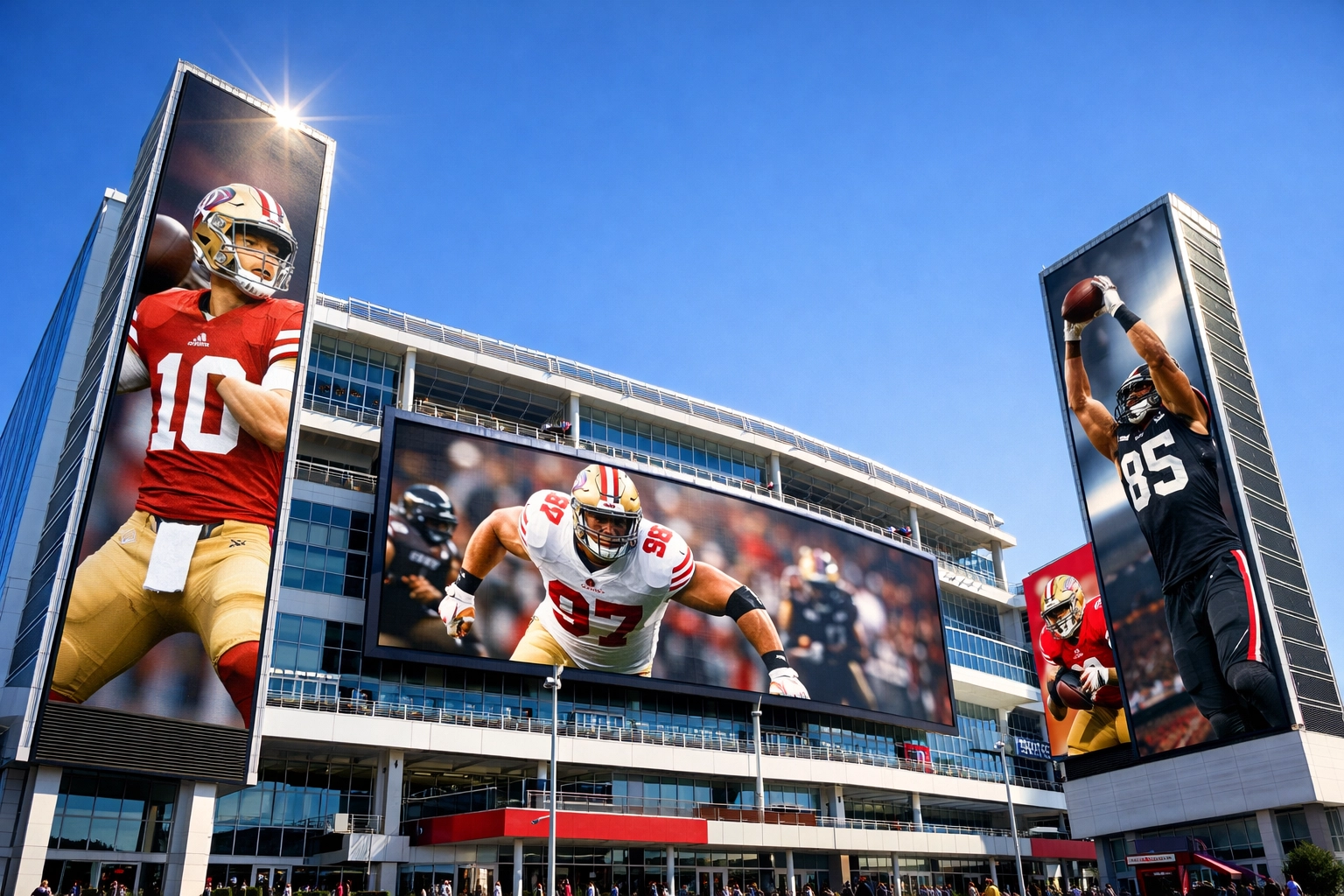 Massive digital billboards and LED pillars outside Levi's Stadium during Super Bowl LX.