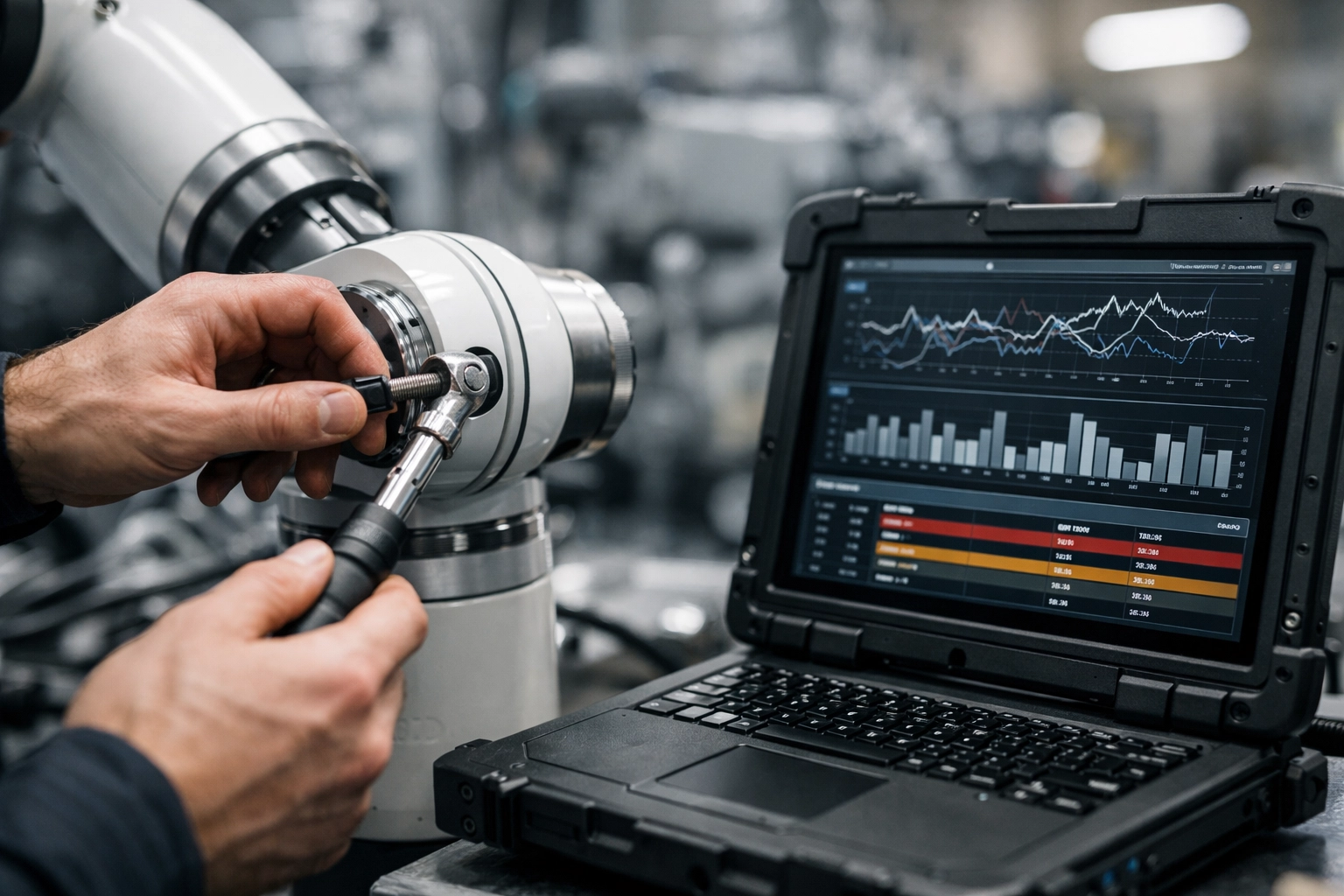 Technician hands adjusting a robotic arm joint with tools while a laptop shows diagnostics in a modern factory