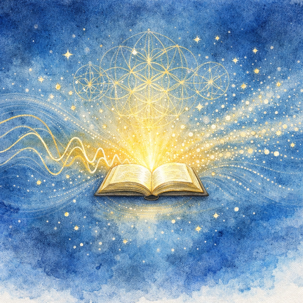 Open Bible with sound waves creating light patterns symbolizing God's creative power through spoken word