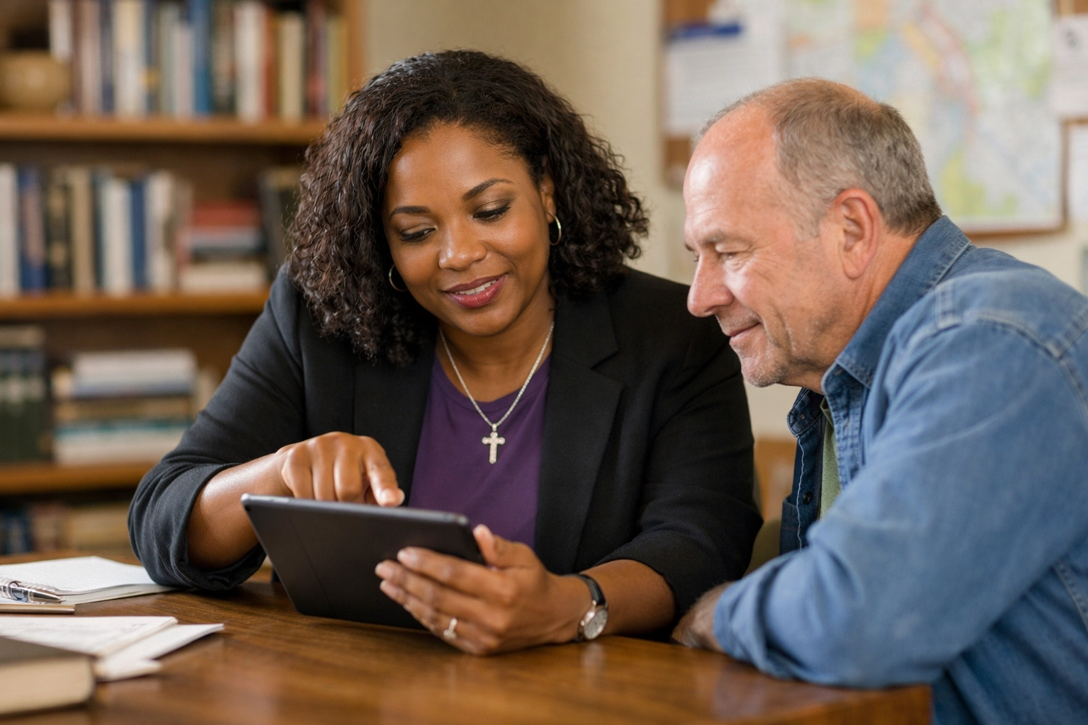 A group of diverse community members and church leaders brainstorming together in a modern meeting space, symbolizing collaborative community development.