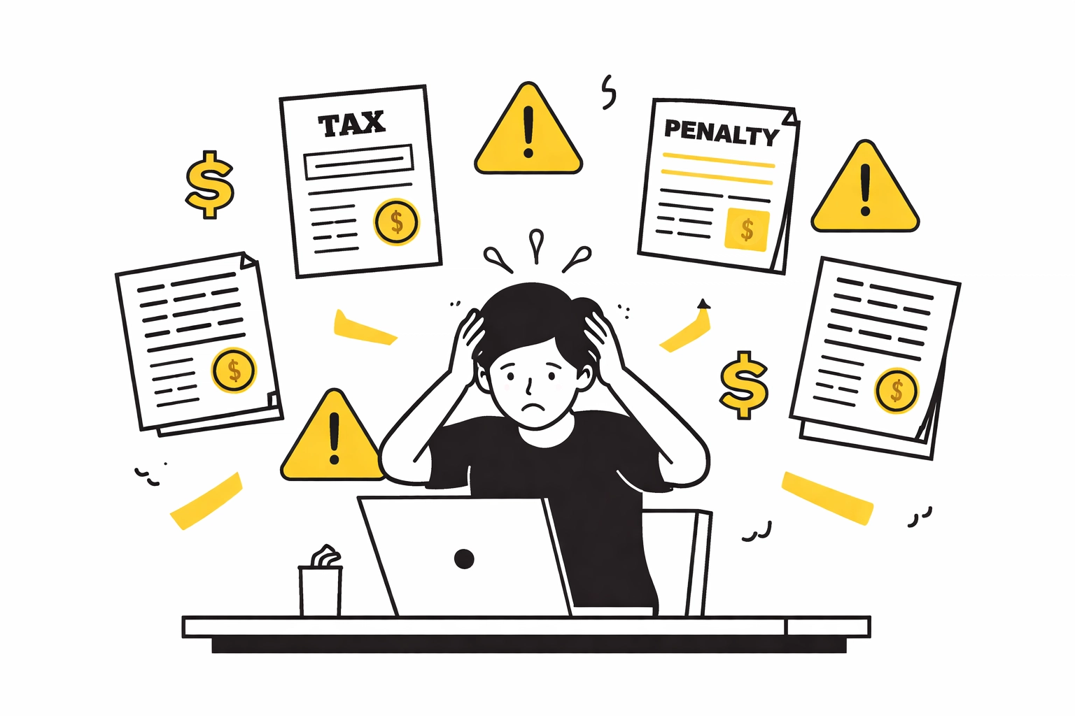 Person stressed at a desk with a laptop. Tax and penalty papers float around. Yellow exclamation marks and dollar signs accent the scene.