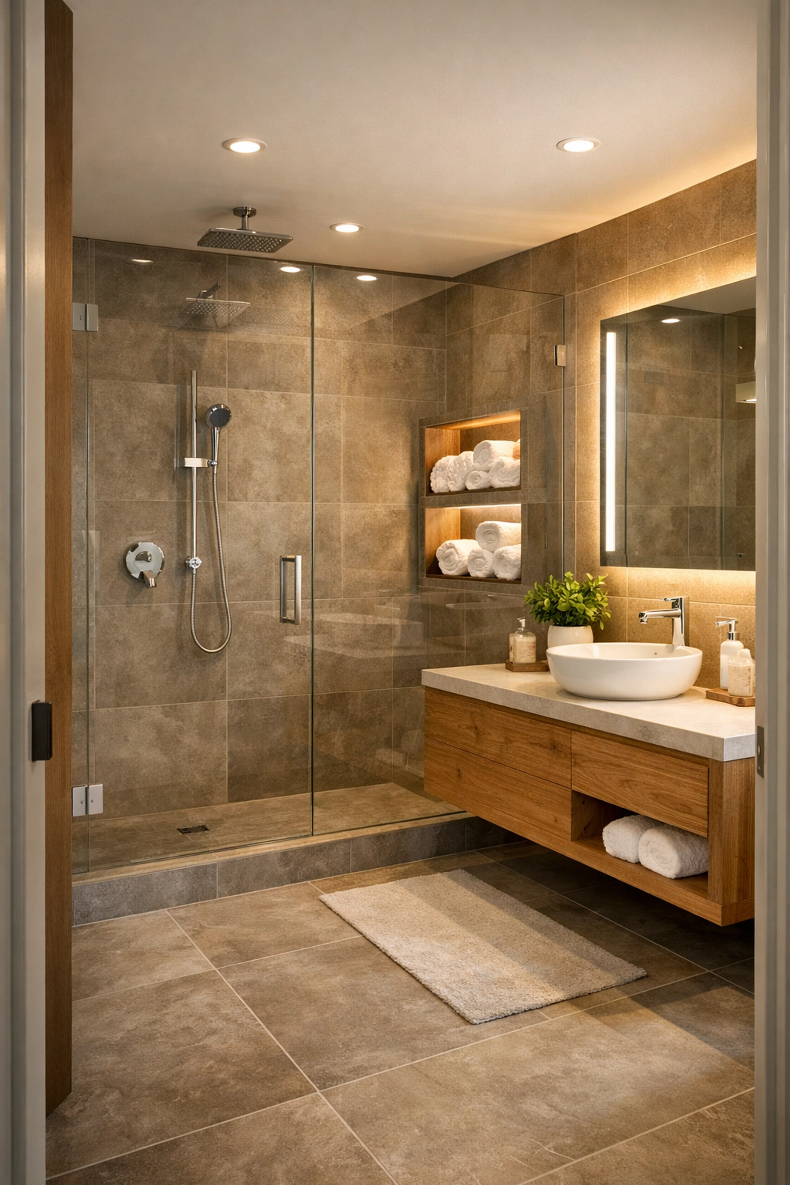 Bathroom renovation Orlando featuring walk-in shower and floating vanity