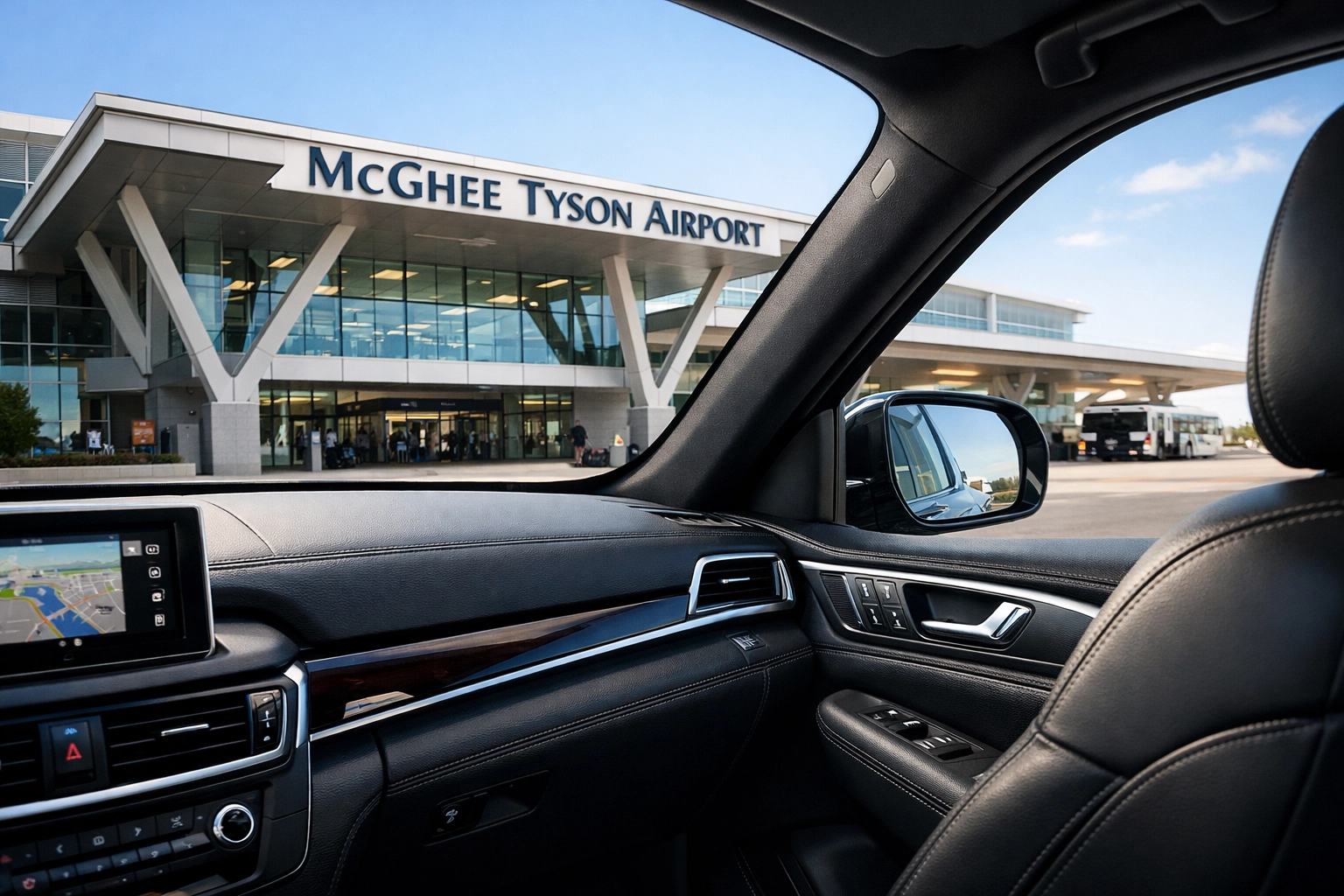 Passenger view from a luxury SUV arriving at McGhee Tyson Airport for Knoxville airport transportation.