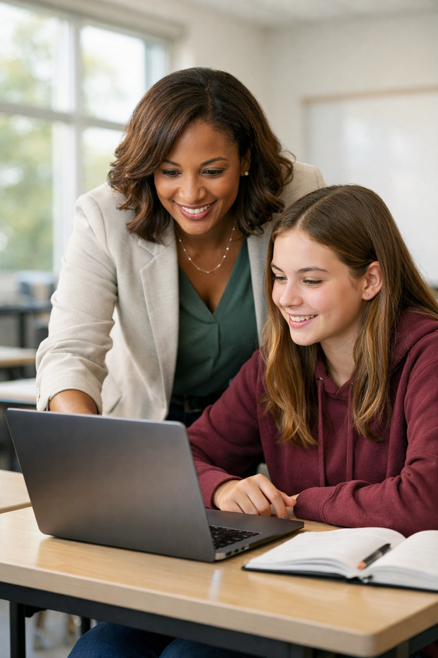 Tech mentor teaching a high school student modern cloud and AI skills on a laptop.