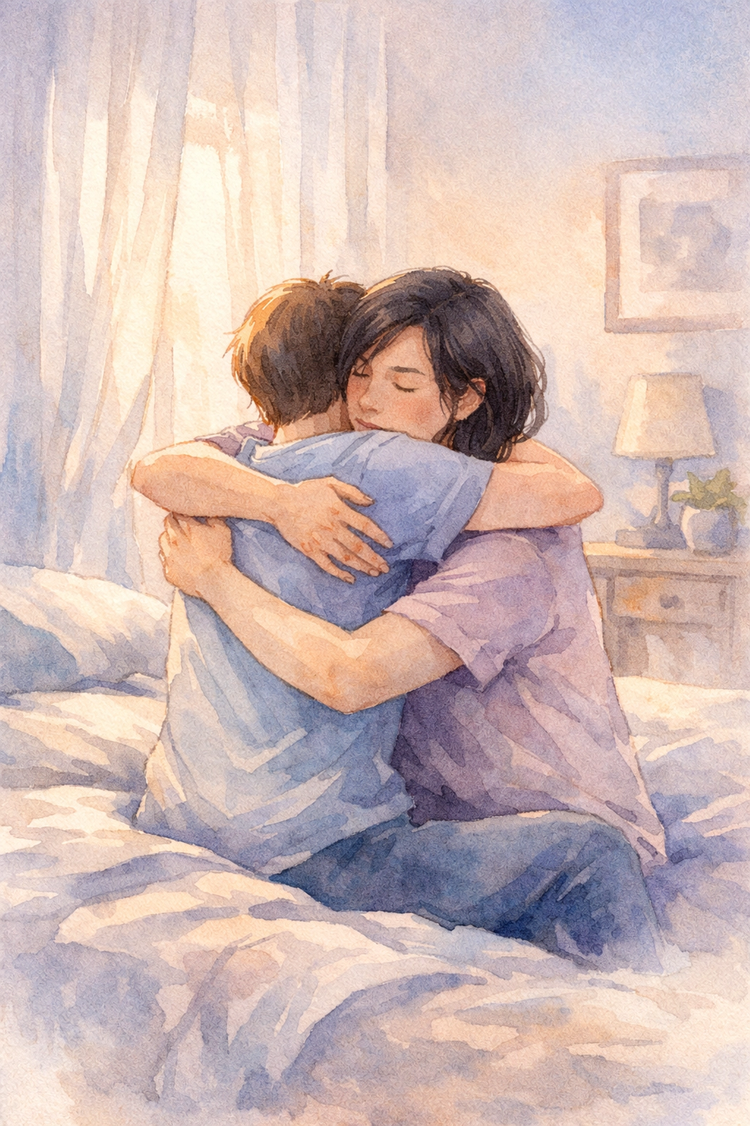 LGBTQ+ couple embracing in peaceful moment of non-sexual intimacy and connection