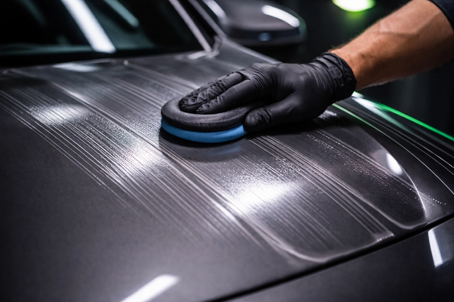 Detailer applying wax in straight lines on a metallic grey car panel, demonstrating the correct method to protect car paintwork.