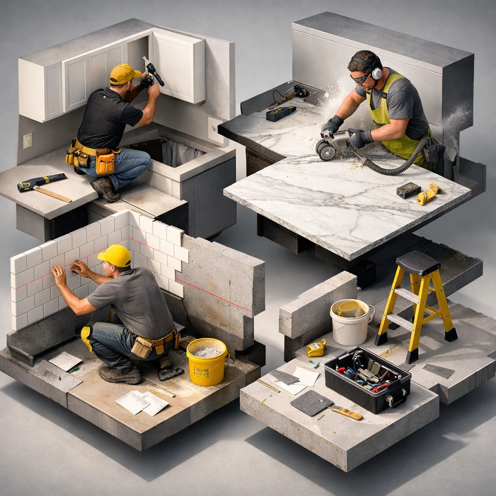 Multiple contractors working simultaneously in kitchen renovation showing coordination challenges