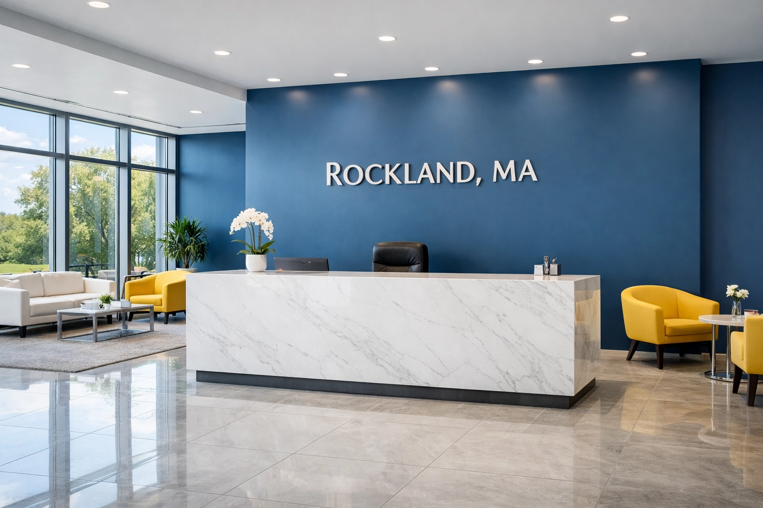 Spotless white marble office lobby in Rockland MA showing professional commercial cleaning.