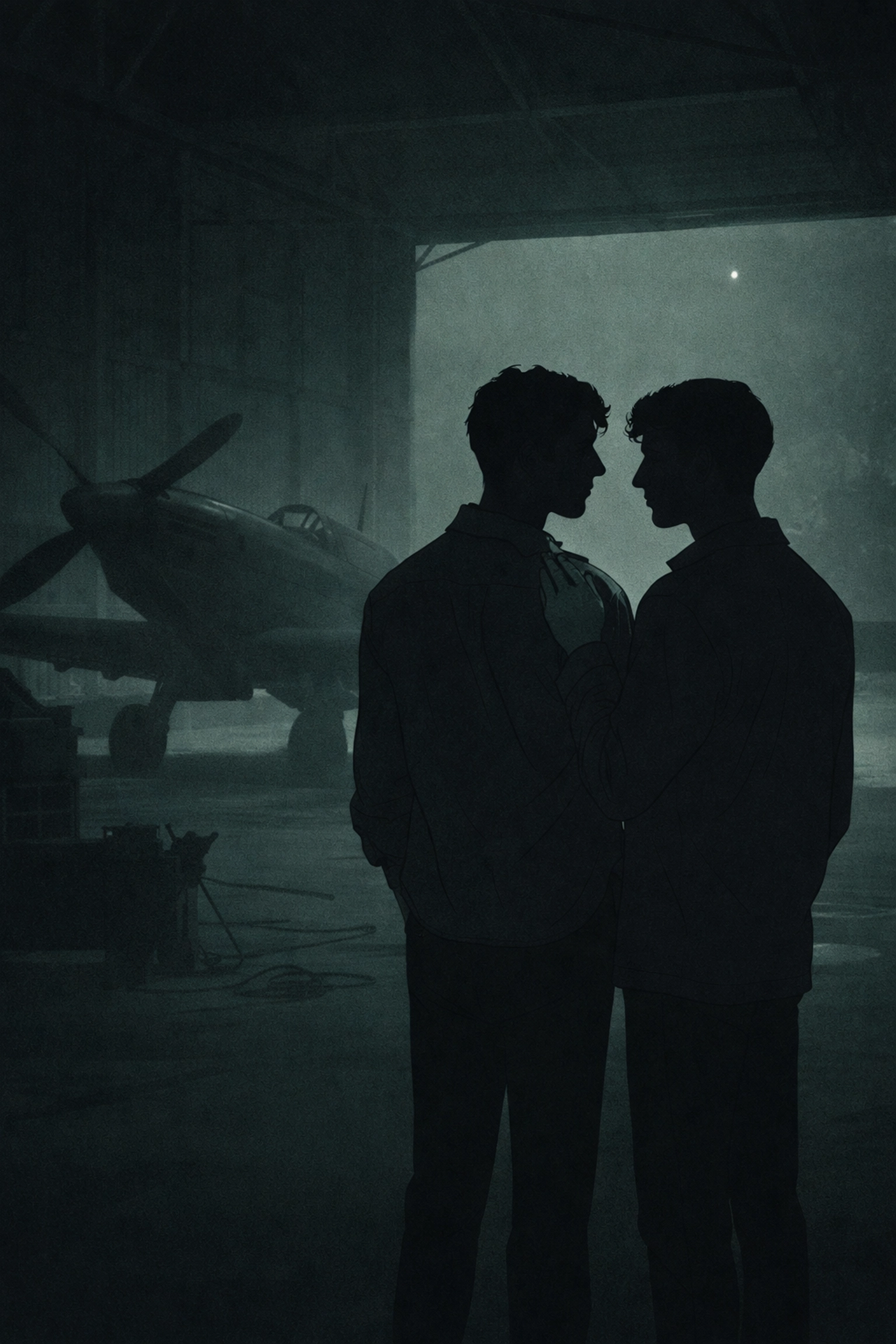 Two male silhouettes share an intimate moment inside a shadowy WWII aircraft hangar at night, symbolizing hidden romance and courage amid the fear of discovery.