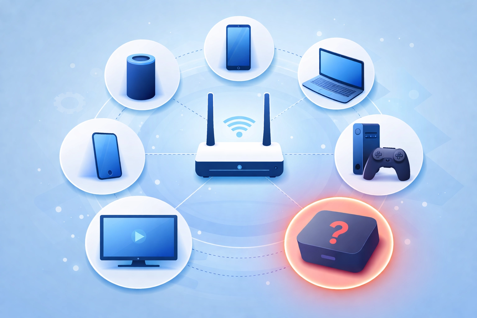 A top-down view of a home network showing familiar devices and one suspicious device, illustrating the need for monitoring connected devices in Florida homes.