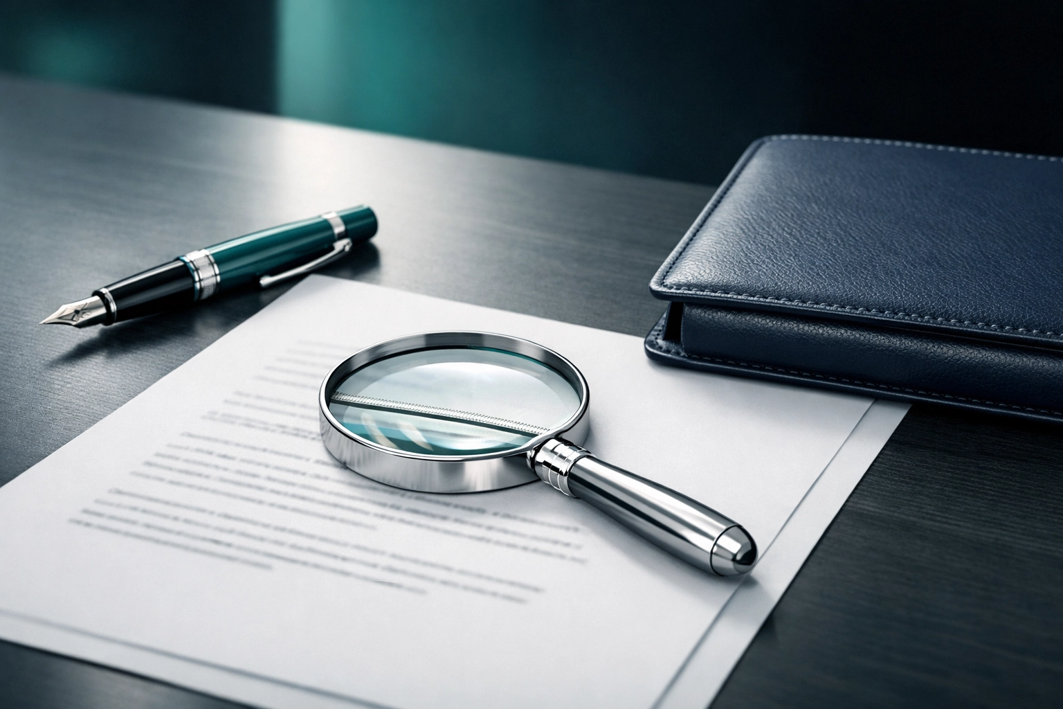 Magnifying glass reviewing employment contracts for small business on a desk during an HR health check.