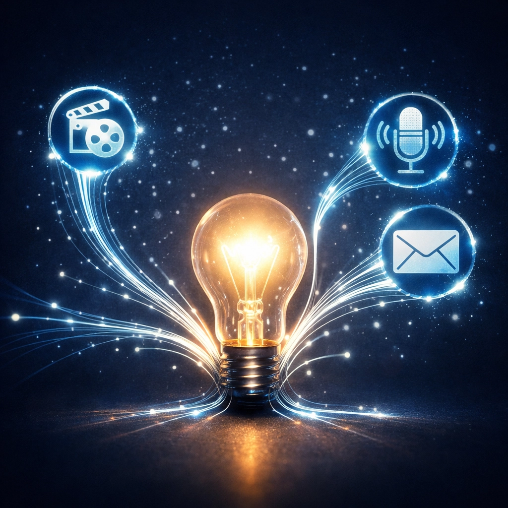 A glowing lightbulb powering multiple media channels, illustrating a small business content repurposing strategy.