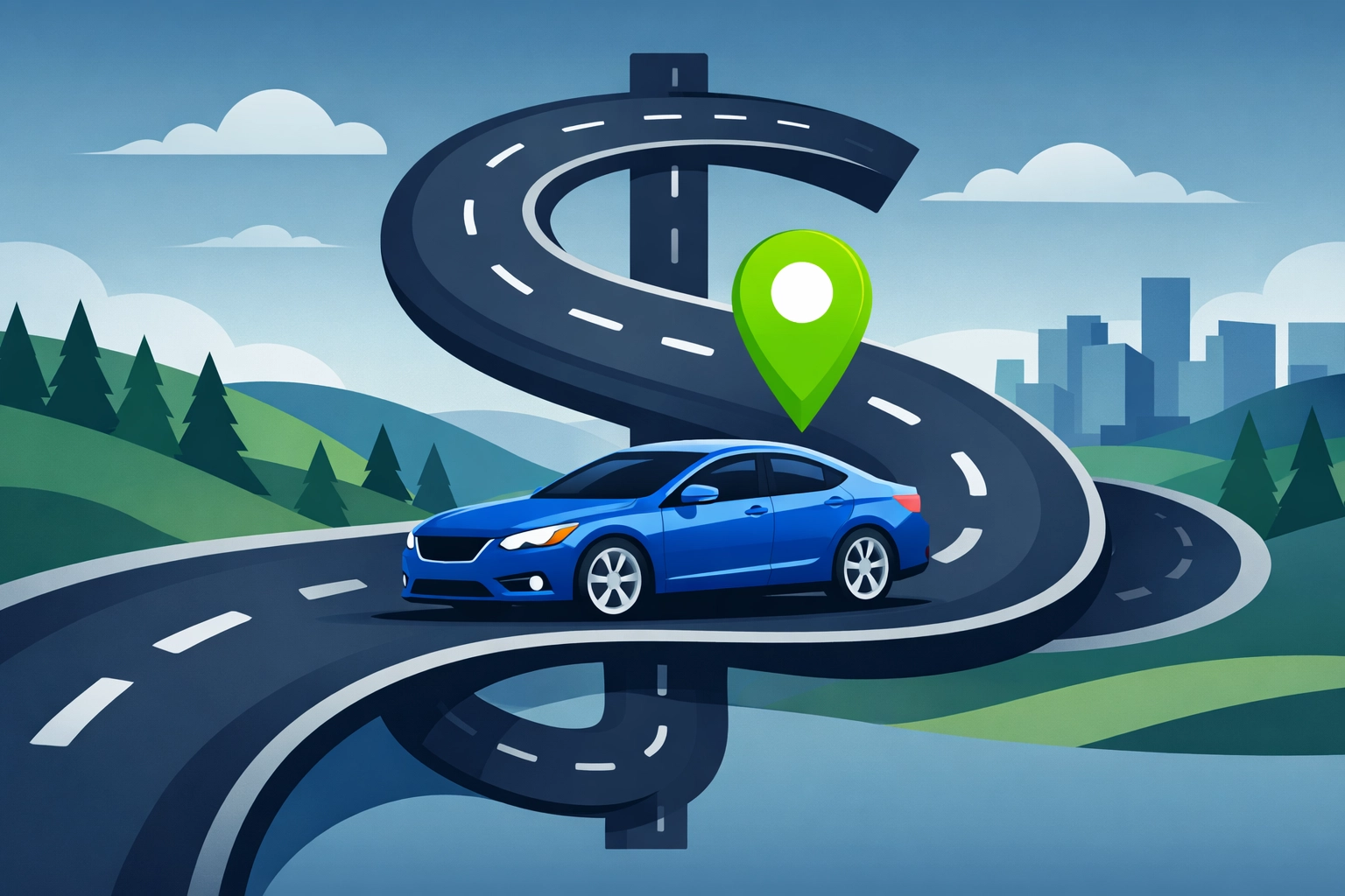 Graphic of a car on a road shaped like a dollar sign showing business mileage tax savings for owners.