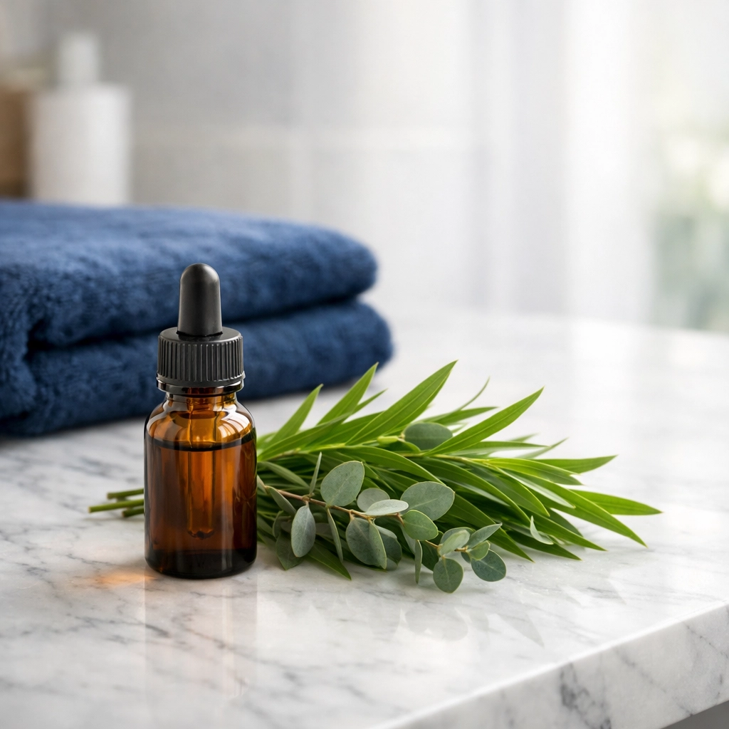 A bottle of natural tea tree oil and fresh leaves on a marble vanity for eco-friendly mildew prevention.