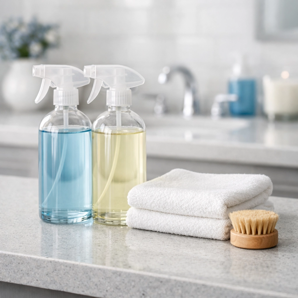 Natural cleaning products on a luxury vanity highlighting professional green cleaning services Lowell MA.