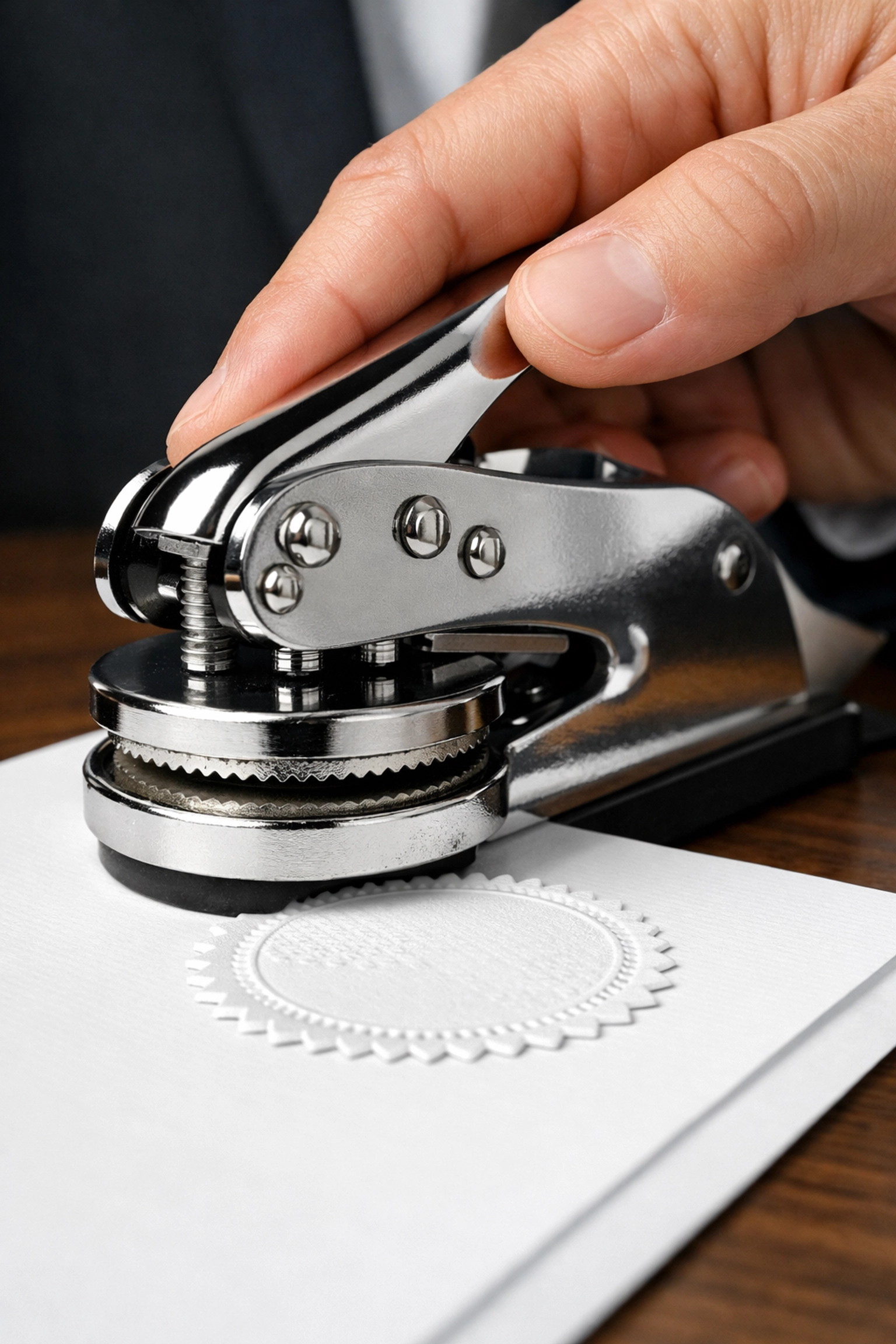A metal embosser sealing a document, provided by an expert notary public in Philadelphia PA.