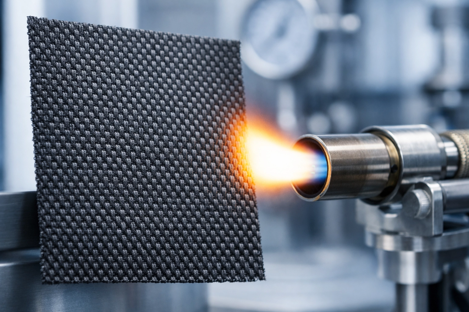 Close-up of flame retardant fabric swatch showing heat resistance and FR properties.