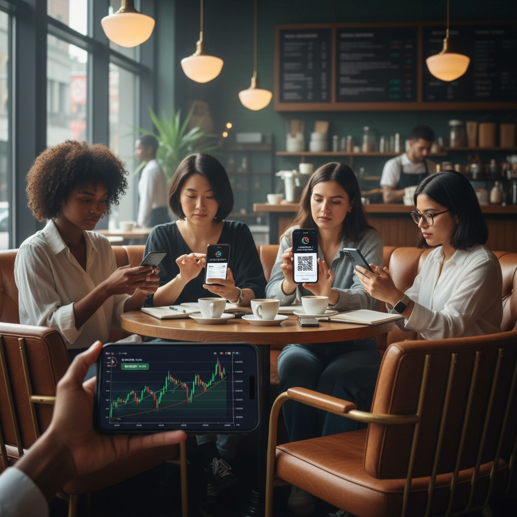 A group of four women sitting around a table in a coffee shop, each looking at their cellphones. Bitcoin and Cash: The Ultimate Showdown for the Future of Money