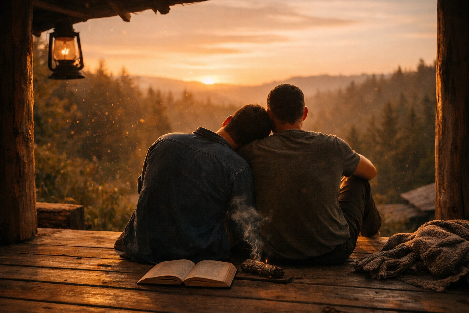 A gay couple finds meaning through queer spirituality and shared reflection during a peaceful sunset.