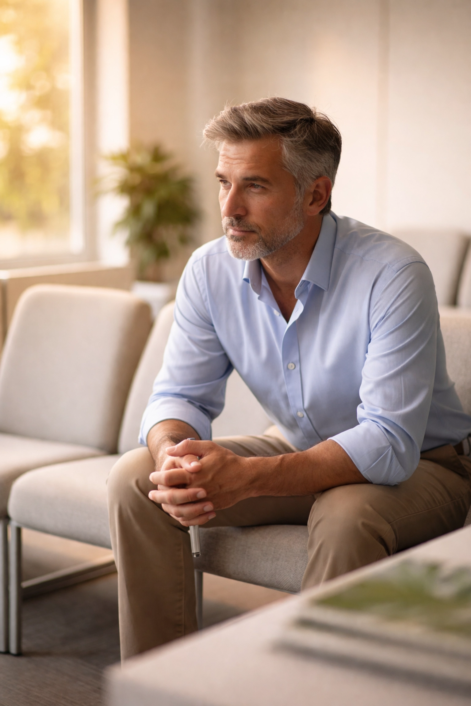 Middle-aged man waiting contemplatively in a modern clinic, considering preventive men's health care.
