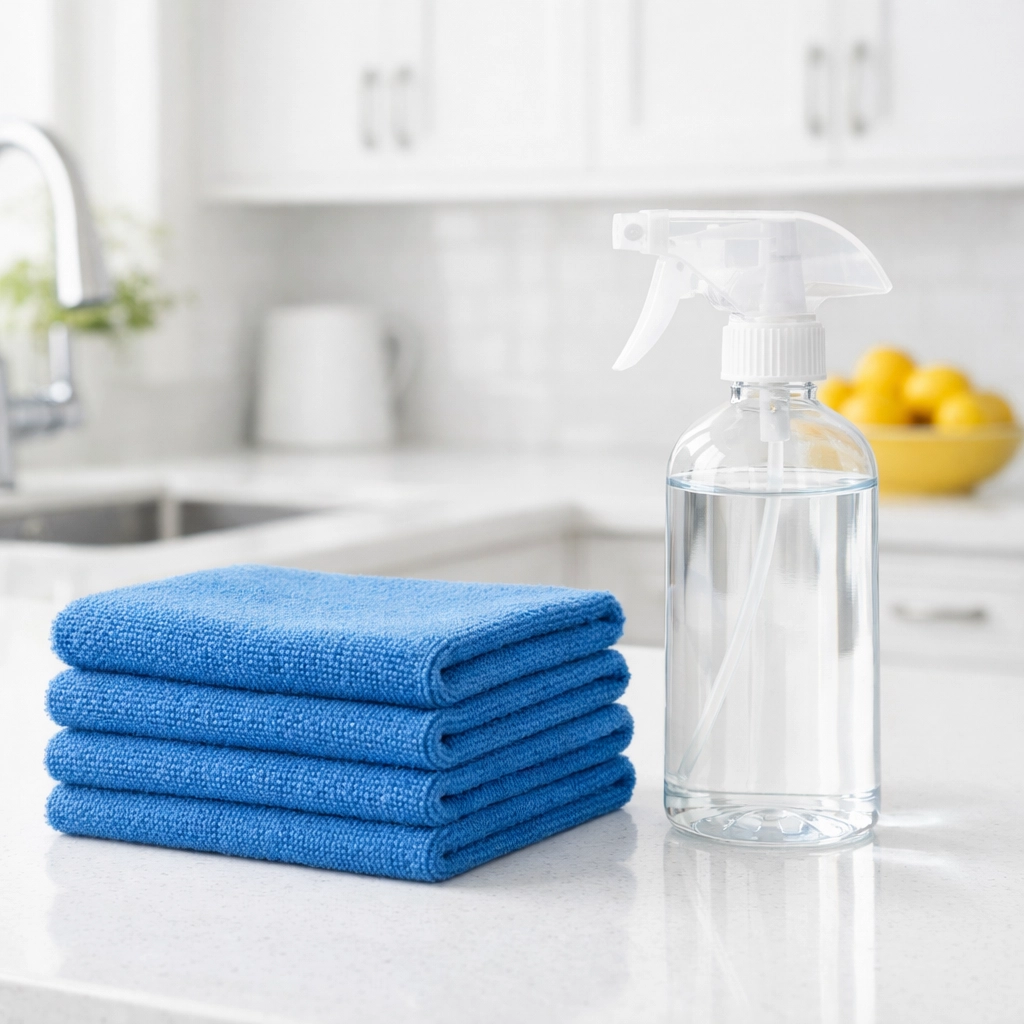 Professional cleaning supplies on a sanitized kitchen island in a dust-free Leominster MA home.
