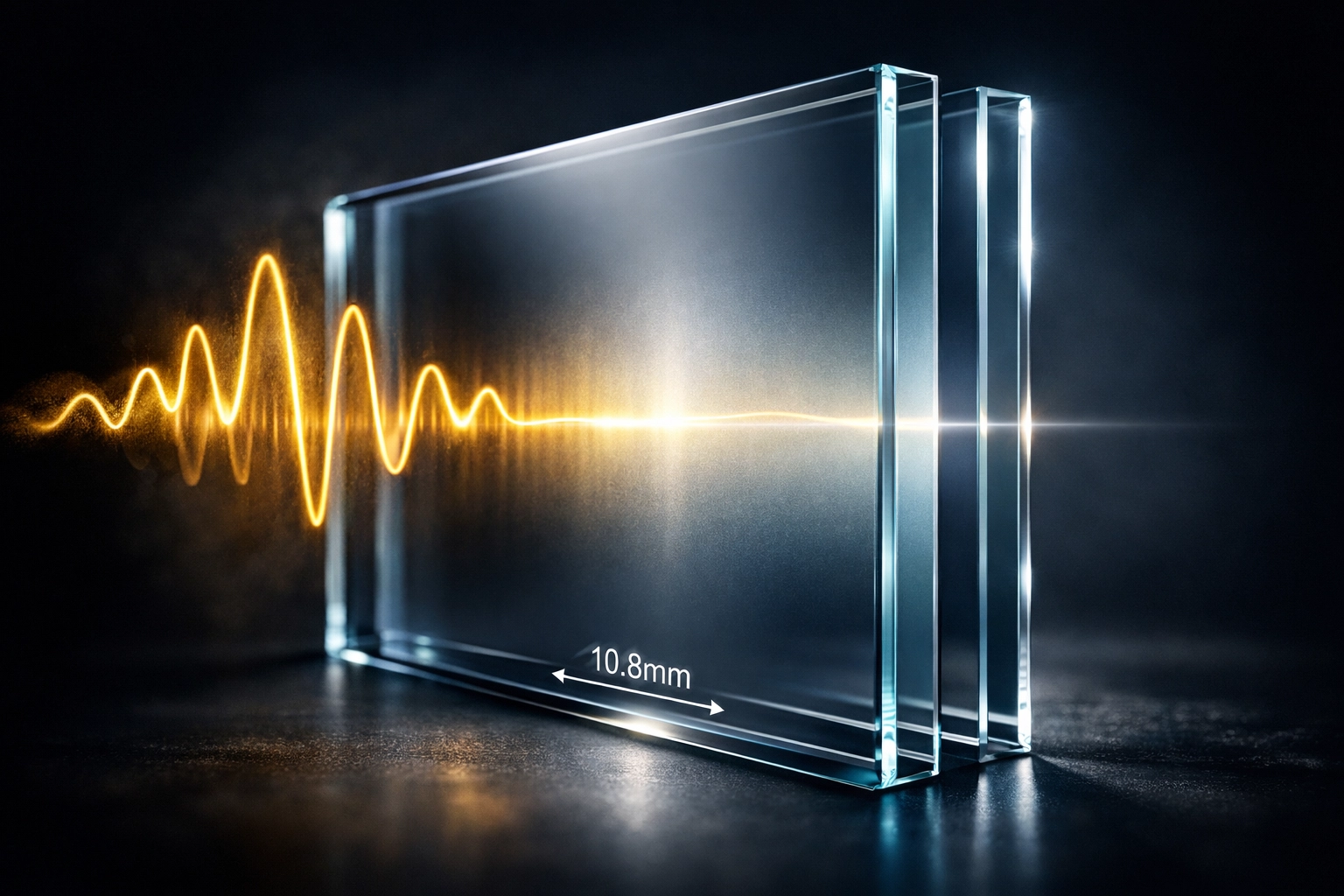Cross-section of 10.8mm acoustic laminate glass showing the sound-dampening interlayer for noise reduction