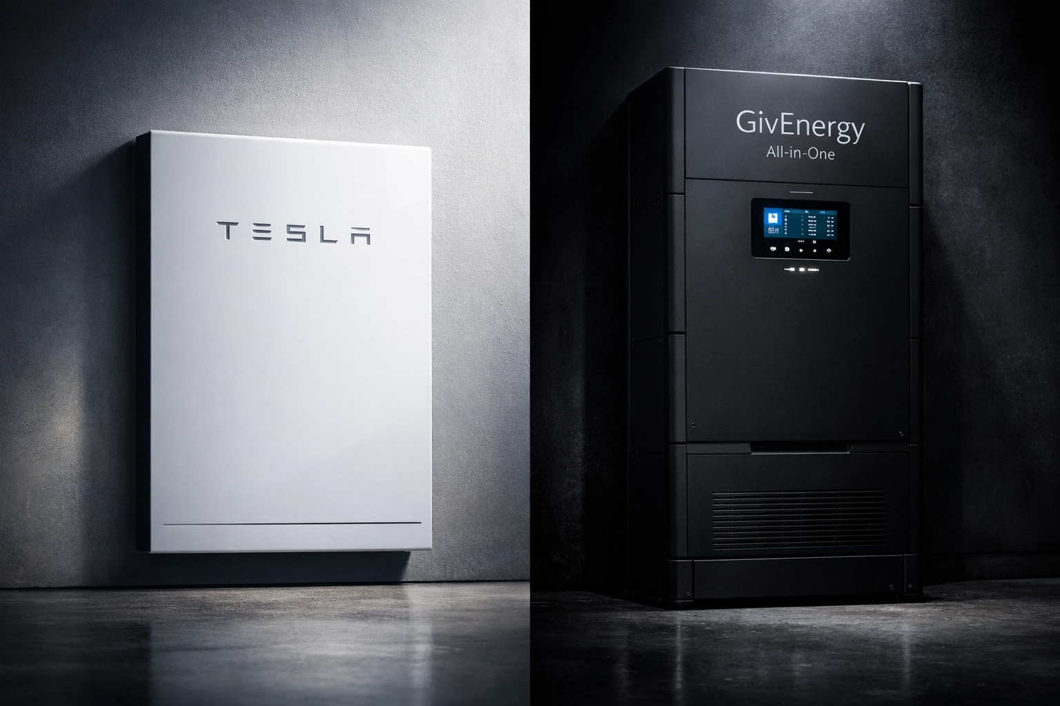 Comparison of Tesla Powerwall 3 and GivEnergy All-in-One home energy storage systems.