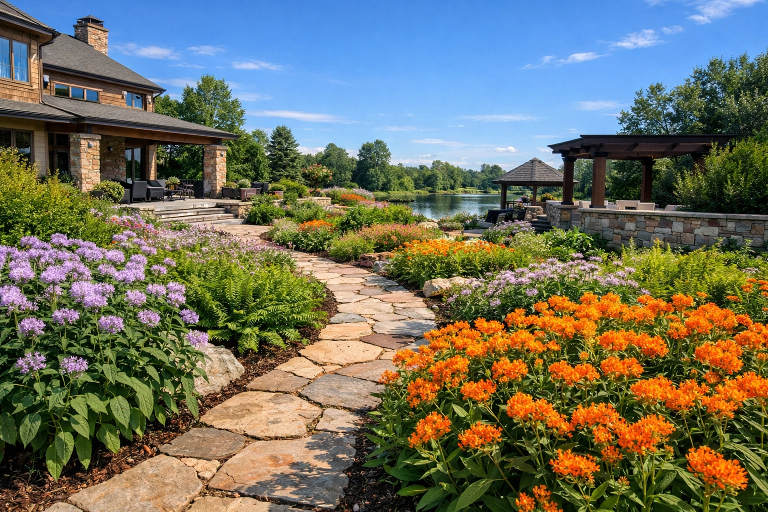 Luxury native plant garden with Butterfly Weed and a flagstone path for landscaping in Clarkston, MI.