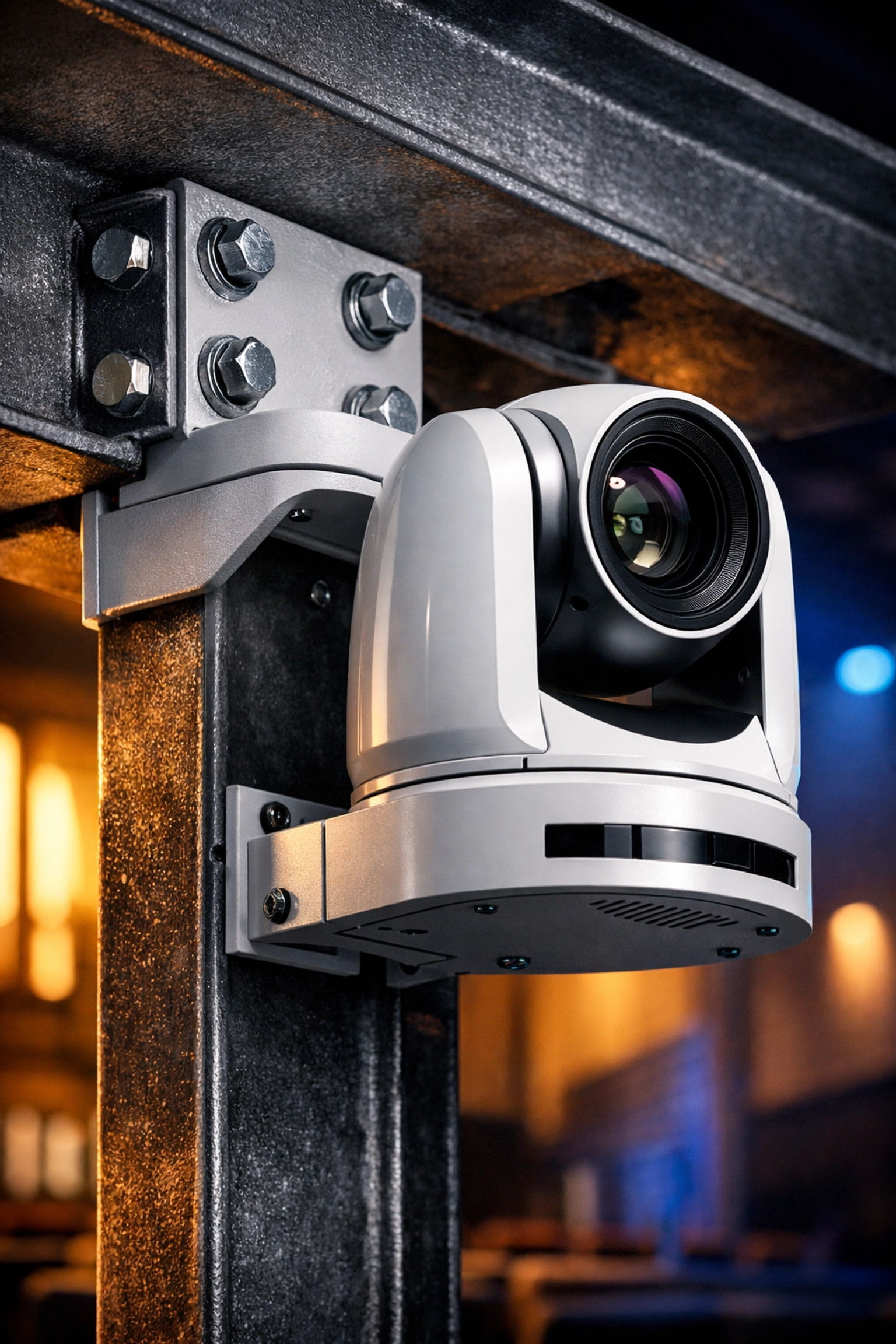 A white PTZ camera securely mounted to a solid steel beam for maximum stability in a sanctuary.
