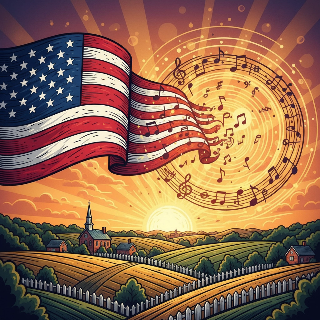 A vibrant illustration capturing the spirit of America with a waving flag, musical notes swirling in the air, and a peaceful countryside at sunrise.