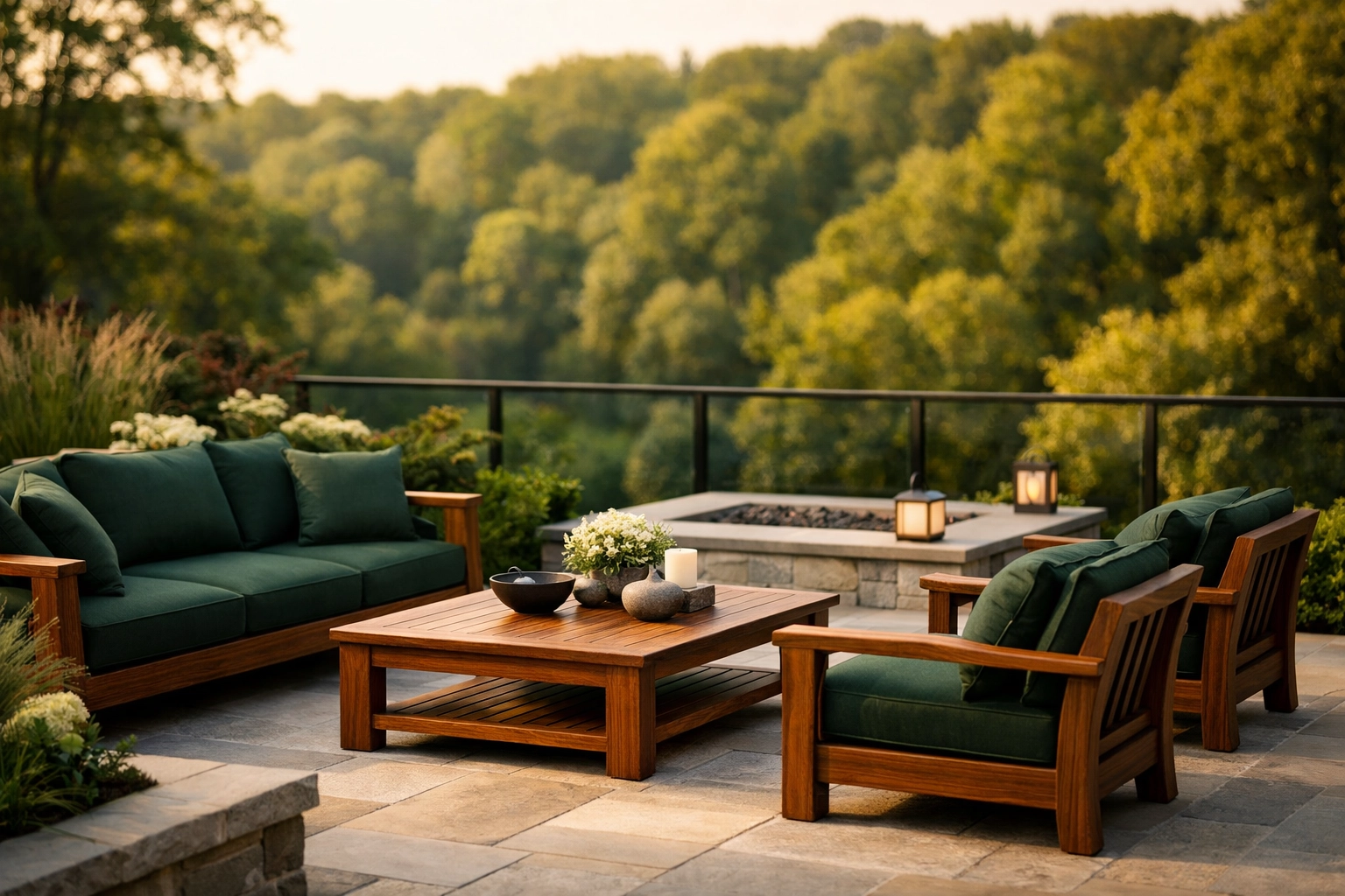 Landscaped backyard and patio in a luxury North York family neighbourhood overlooking a ravine.