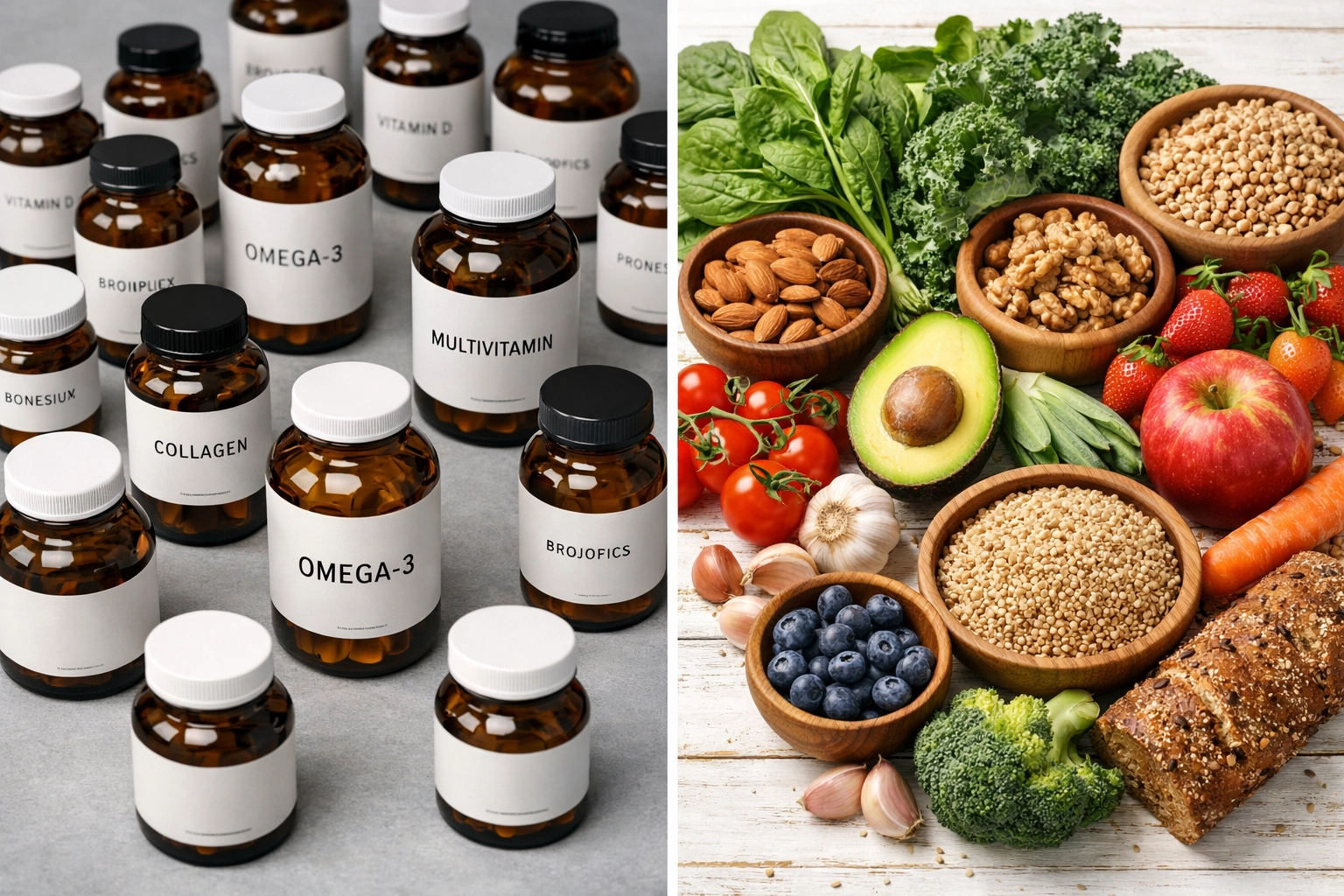 Supplement bottles compared to fresh vegetables, nuts, and whole foods on white table