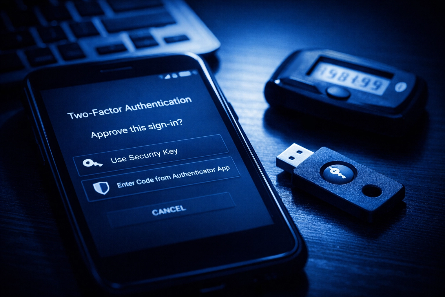 Smartphone displaying two-factor authentication prompt with security key for Gmail account protection