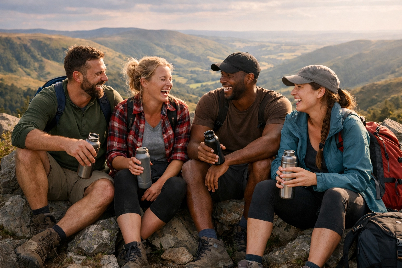 Hikers socializing during rest break on guided hiking tour UK with scenic hills backdrop
