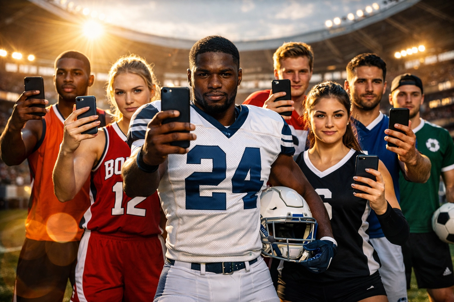 College NIL athletes creating social media content in stadium with smartphones