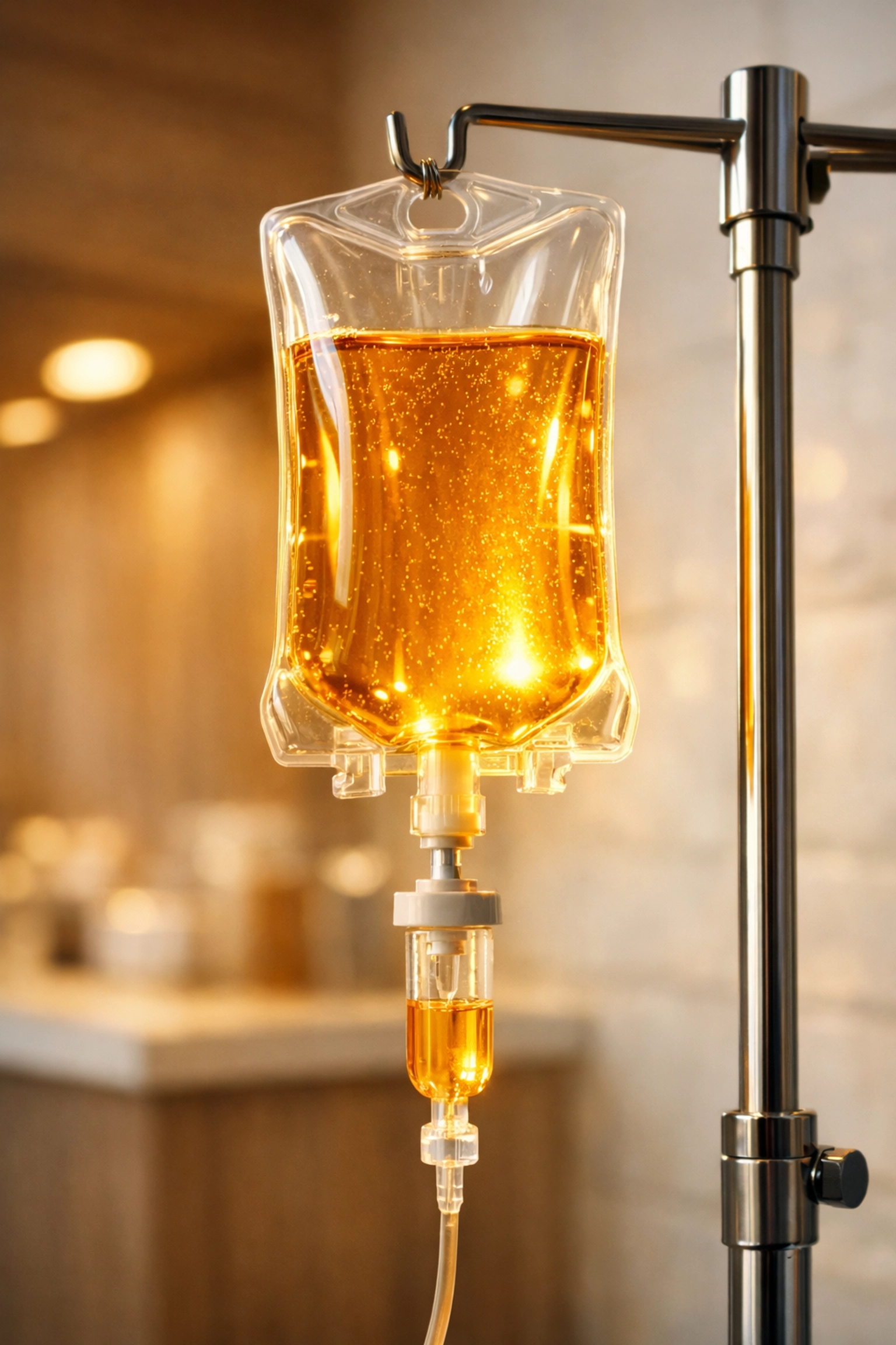 Close-up of a nutrient-rich IV infusion bag containing high-potency vitamins for energy and wellness.