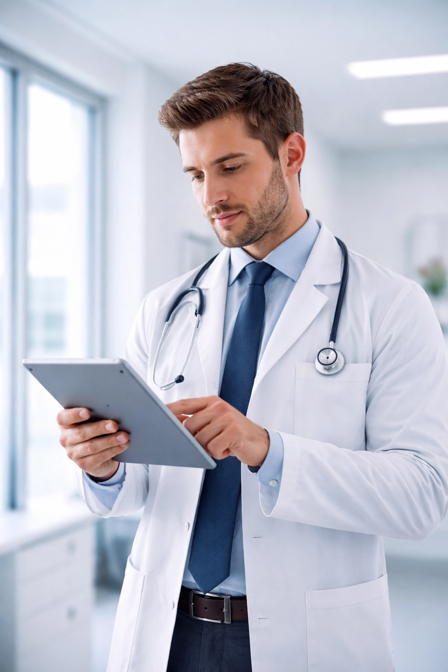 Healthcare professional reviewing content on a tablet in a clean medical office, emphasizing expertise in digital marketing for medical practices.
