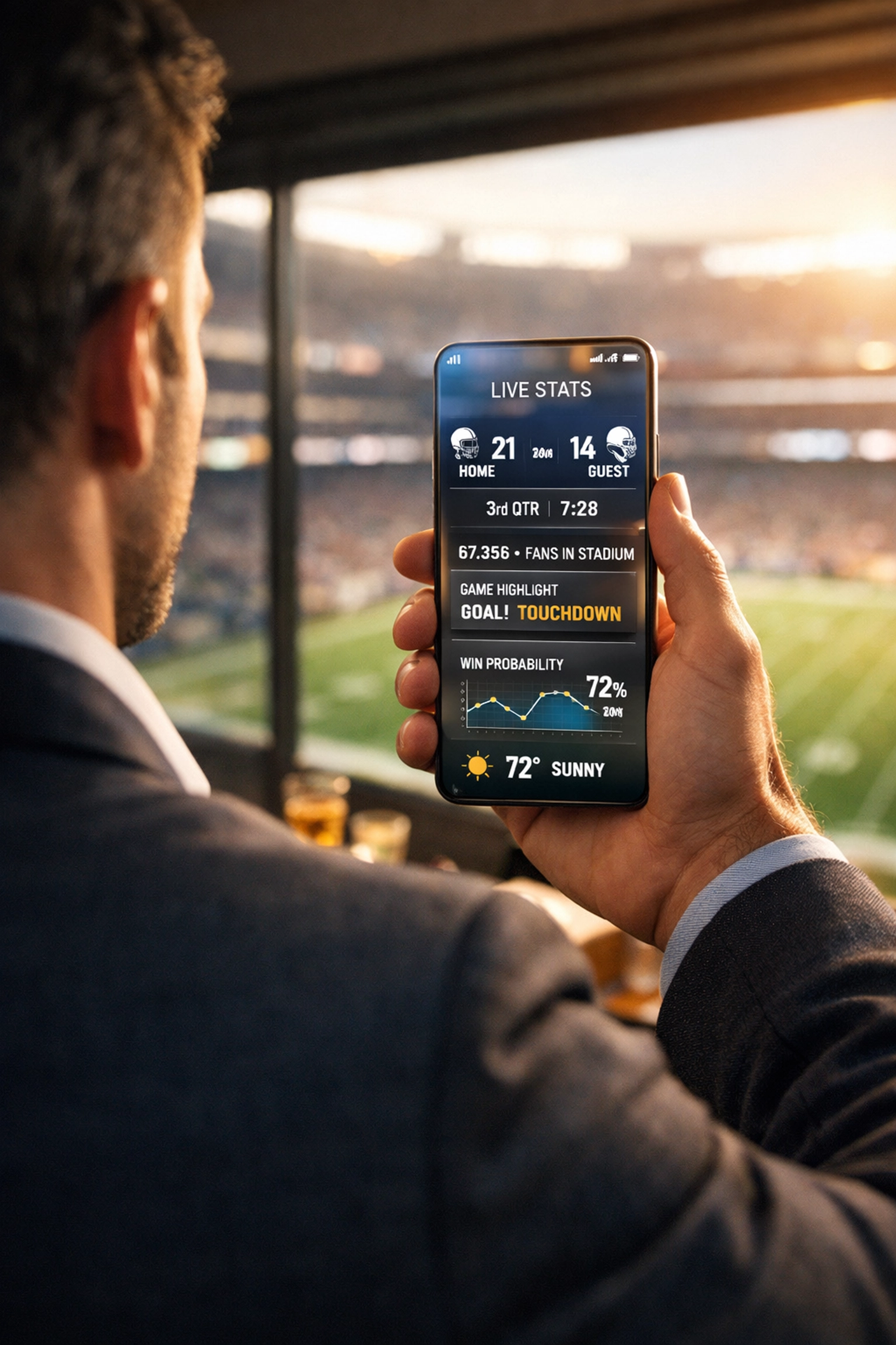 A professional using mobile marketing technology for interactive sports branding from a stadium suite.