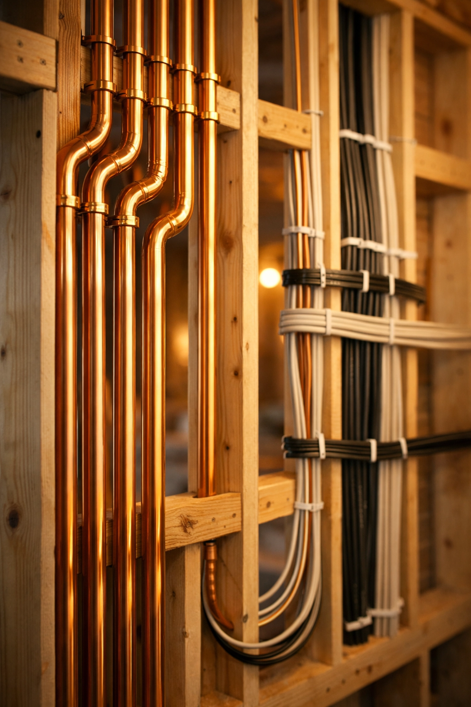 First fix plumbing and electrical wiring installed within a new timber stud wall.