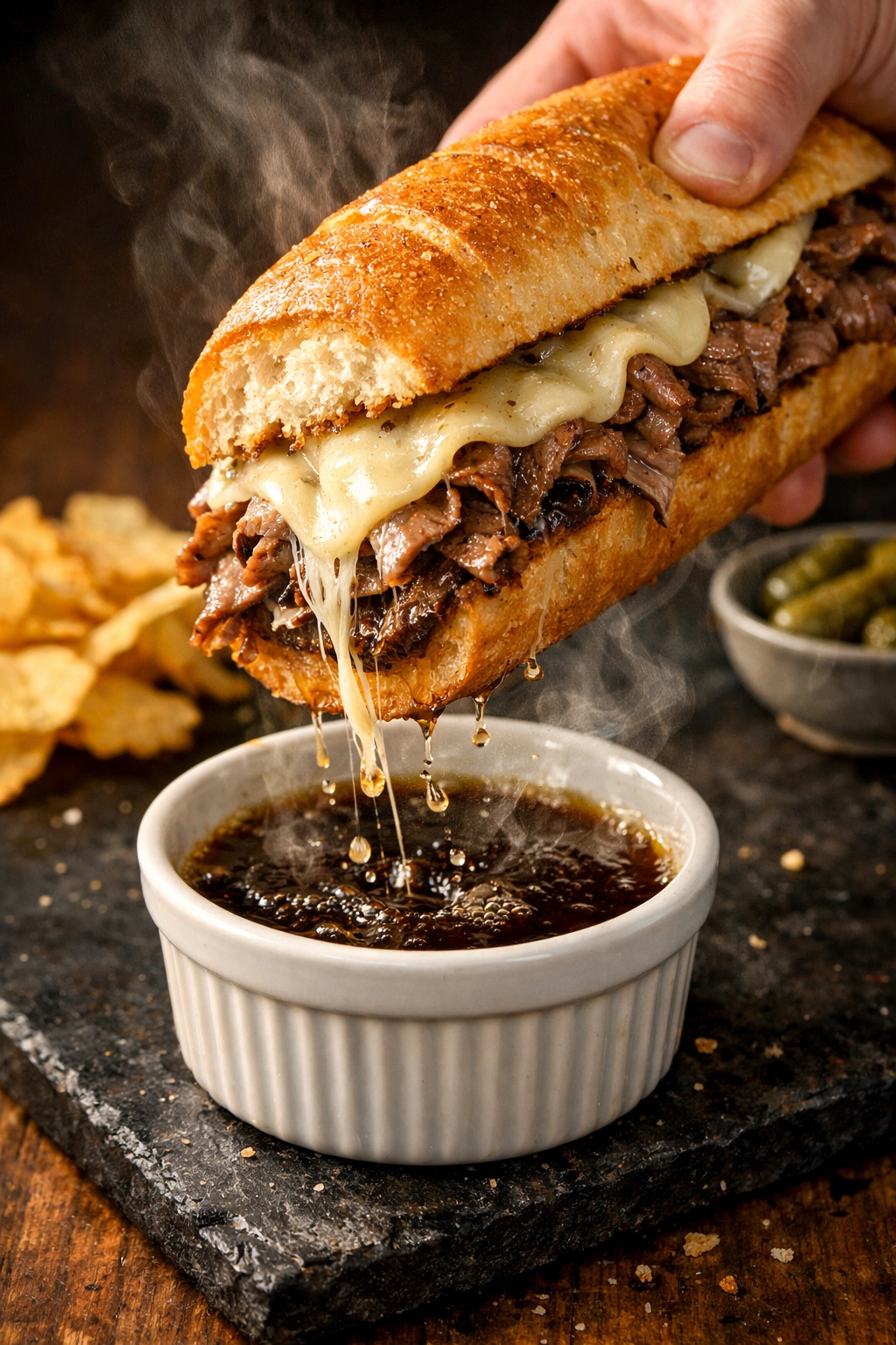 Roast beef French Dip sandwich with melted cheese being dipped in au jus for an easy weeknight dinner.