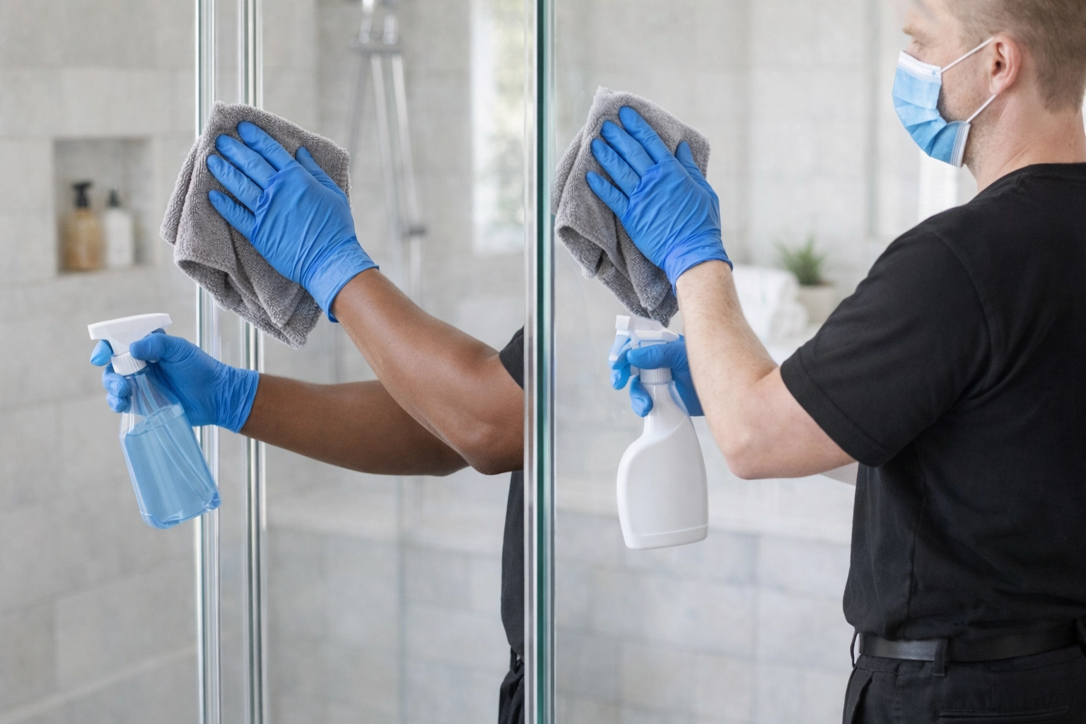 House cleaning services in Nanaimo polishing a glass shower door for a streak-free finish.