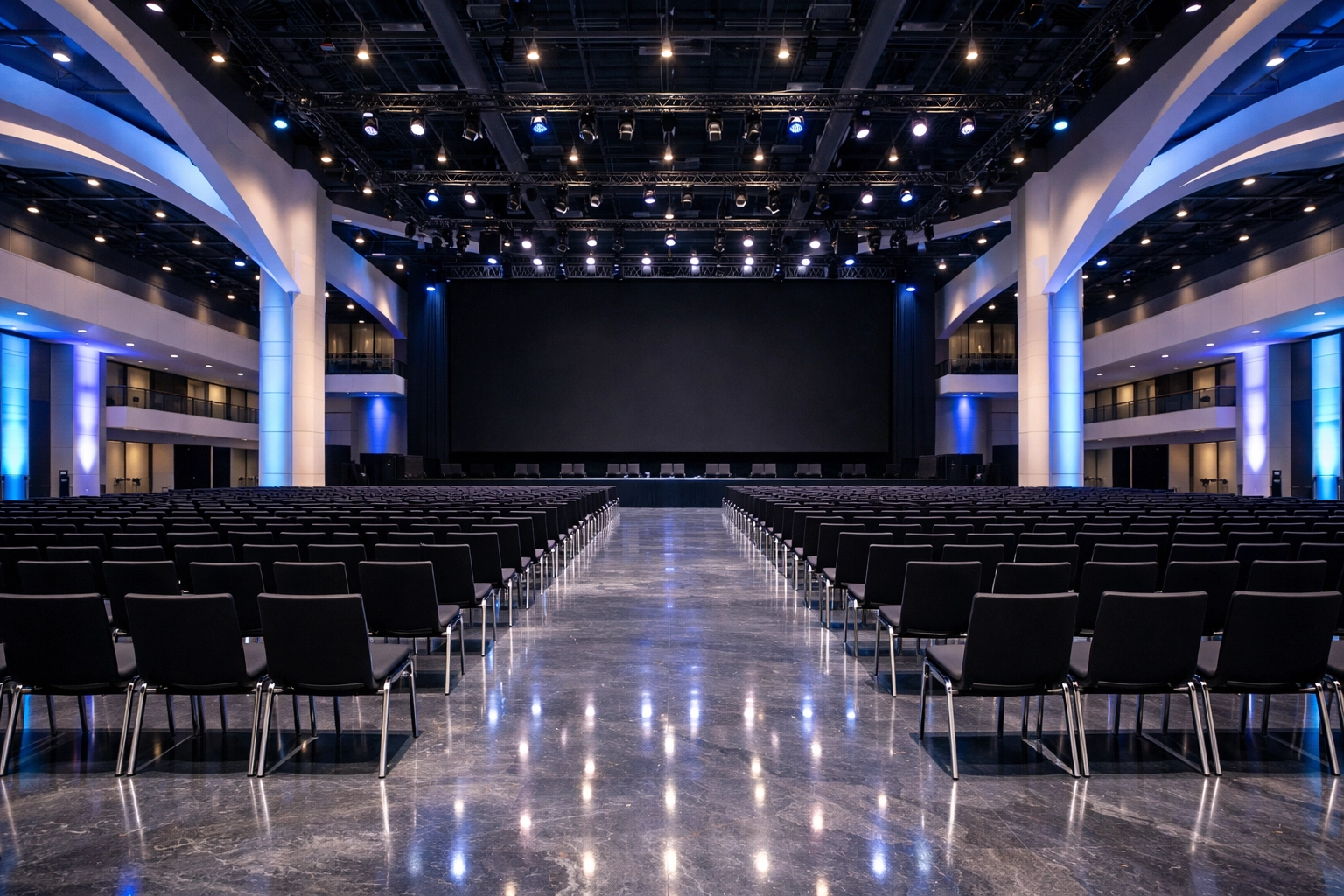Modern Miami convention center hall with professional lighting setup for a large-scale corporate conference.
