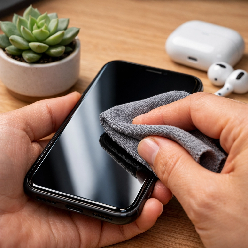 Hands polishing a mobile device to prepare it to sell electronics for cash quickly.