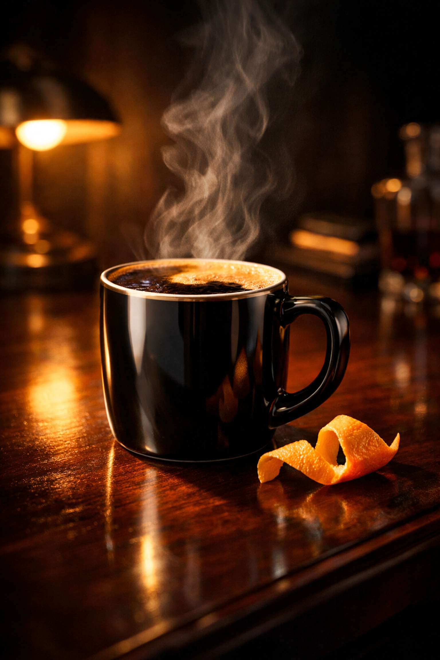 Espresso nightcap cocktail with steam and orange peel garnish on dark surface