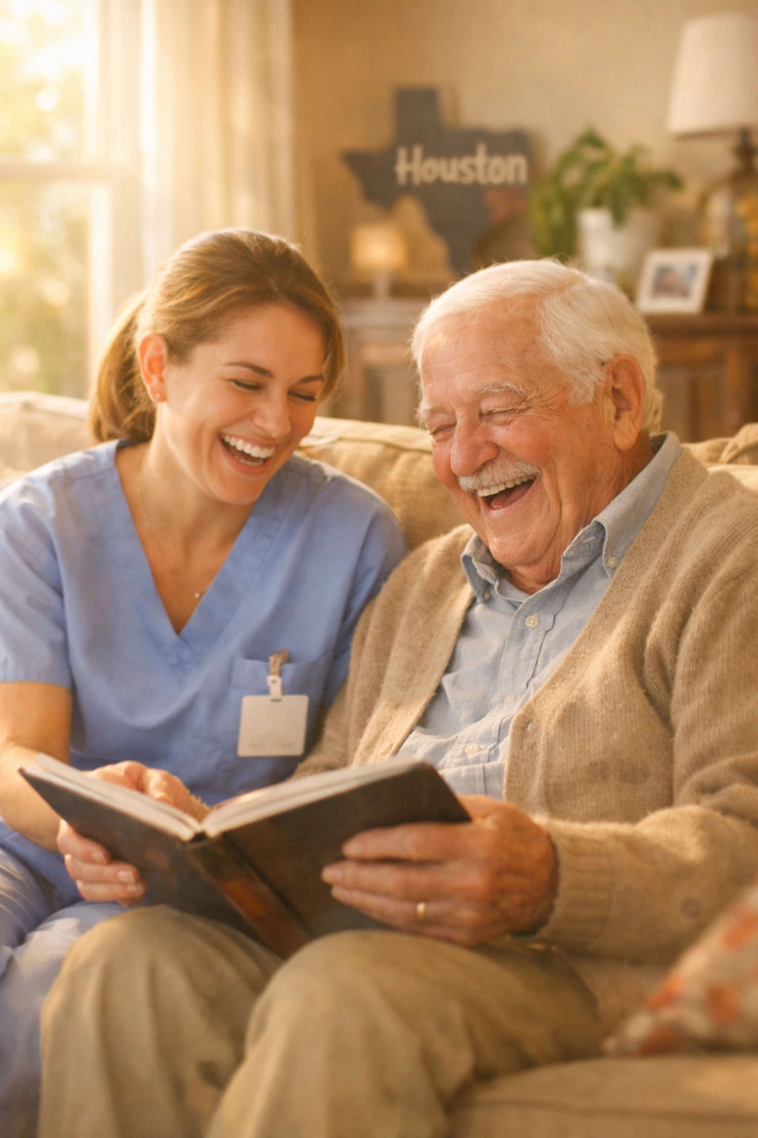 A private duty nurse in Houston TX shares a joyful moment with an elderly client at home.