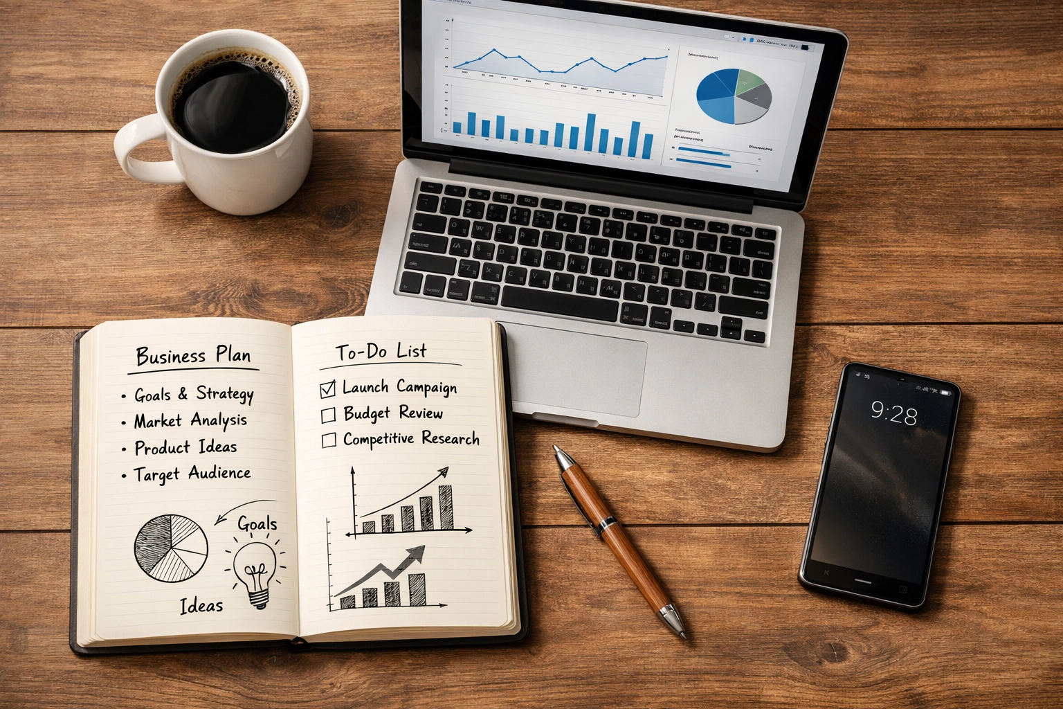 Small business planning workspace with notebook, laptop analytics, and coffee